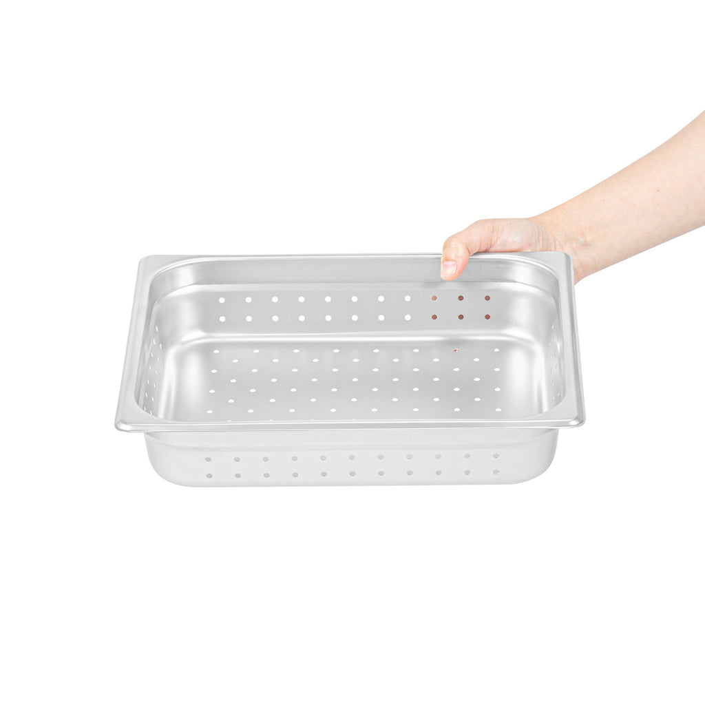 Kitchen Tek Stainless Steel 1/2 Size Steam Table Pan - 2 1/2 Inch Deep, Perforated, Anti Jam, 24 Gauge - 12 count box