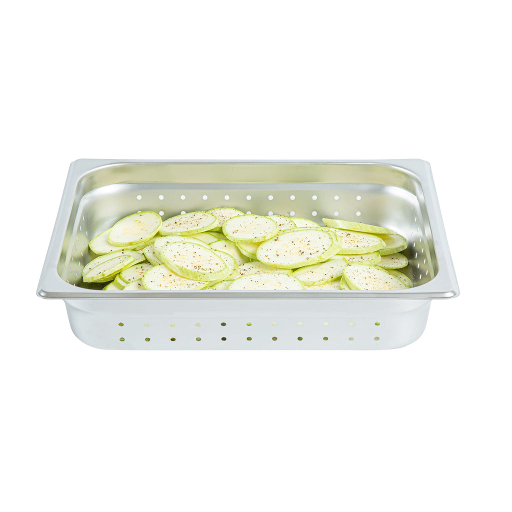 Kitchen Tek Stainless Steel 1/2 Size Steam Table Pan - 2 1/2 Inch Deep, Perforated, Anti Jam, 24 Gauge - 12 count box