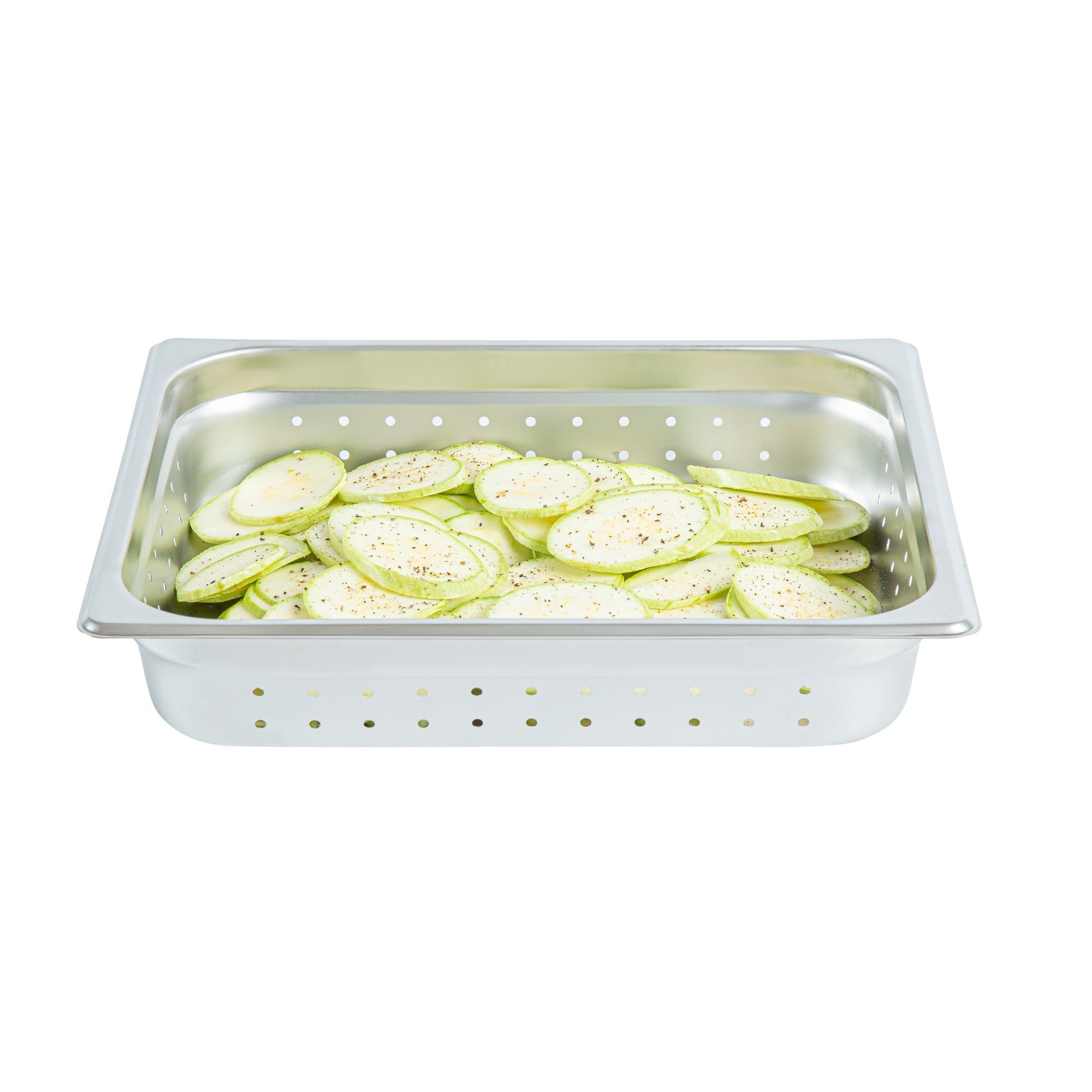 Kitchen Tek Stainless Steel 1/2 Size Steam Table Pan - 2 1/2 Inch Deep, Perforated, Anti Jam, 24 Gauge - 12 count box