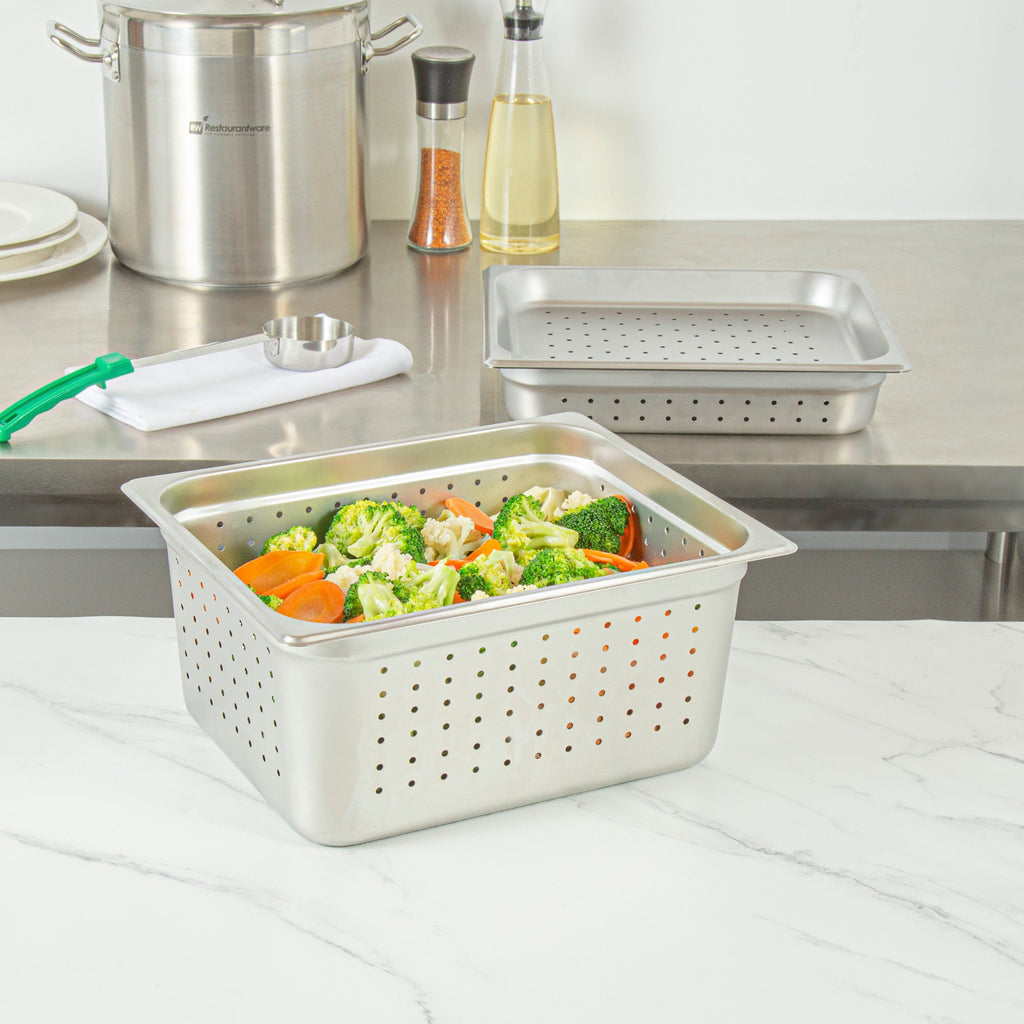 Kitchen Tek Stainless Steel 1/2 Size Steam Table Pan - 6 Inch Deep, Perforated, Anti Jam, 24 Gauge - 1 count box
