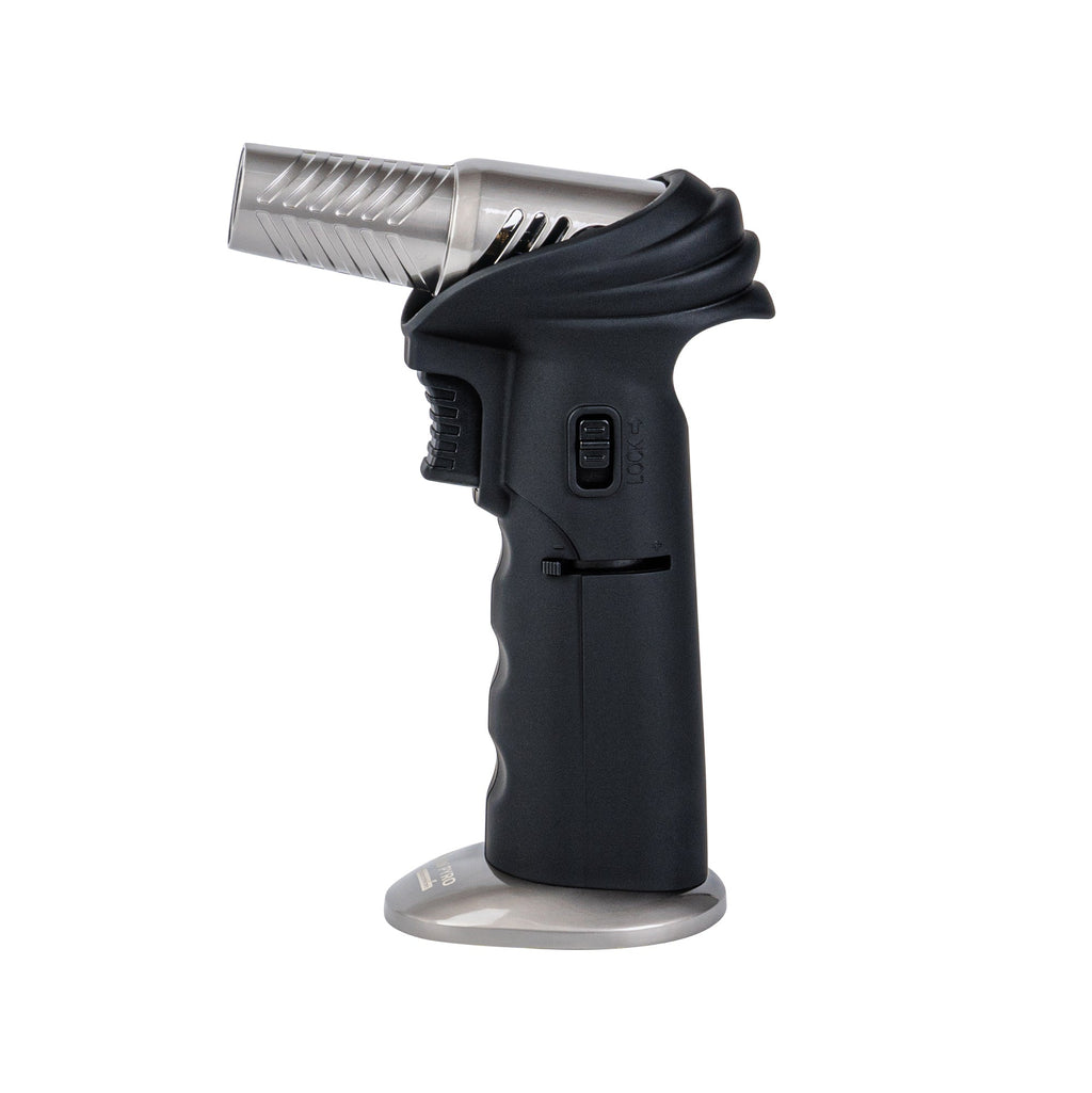 RW Pyro Black Butane Kitchen Torch - Adjustable Dial, Rotating Angle - 4 1/4'' x 2 3/4'' x 6'' - 1 count box