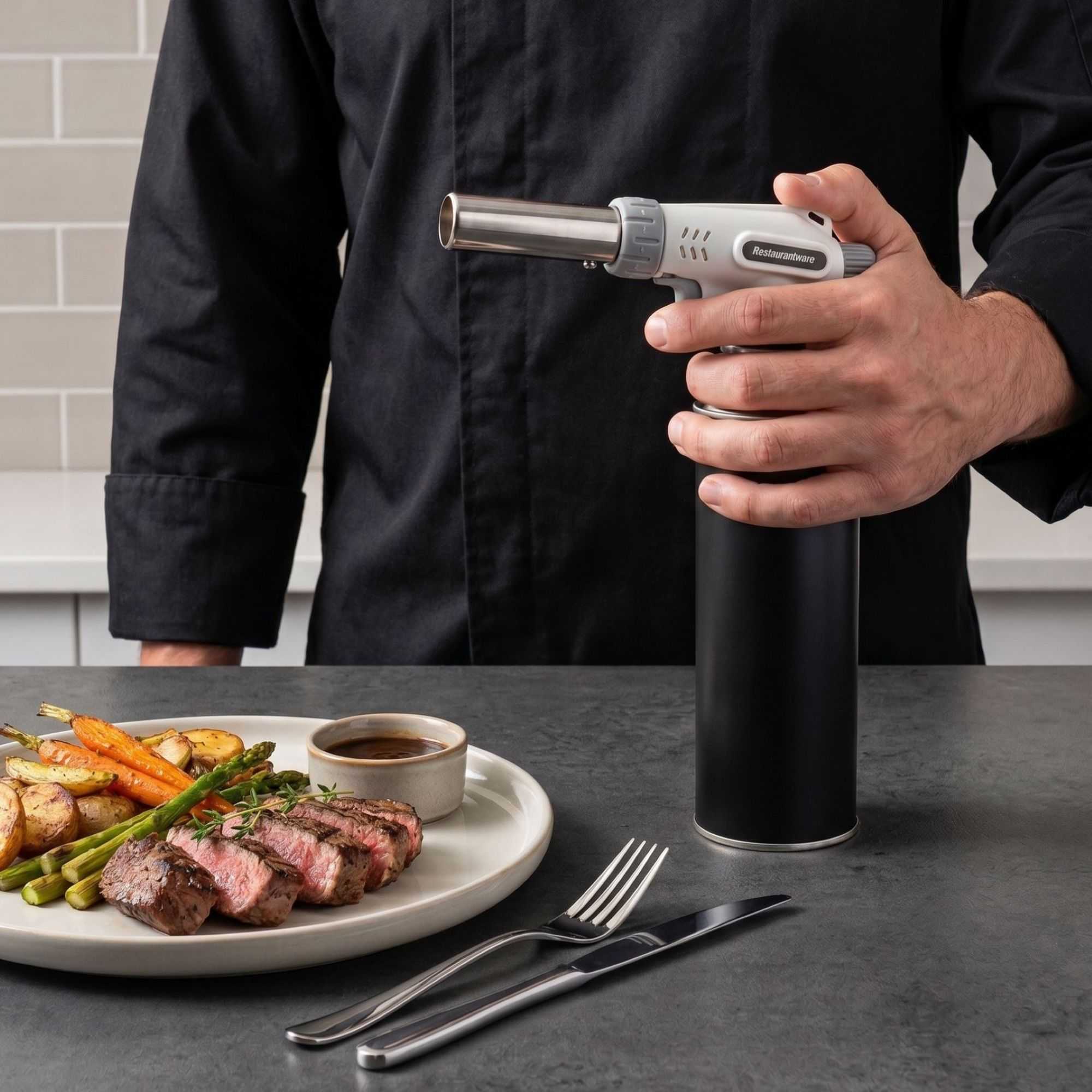 RW Pyro White Butane Kitchen Torch - Adjustable Dial - 7 3/4'' x 3'' x 1 1/2'' - 1 count box