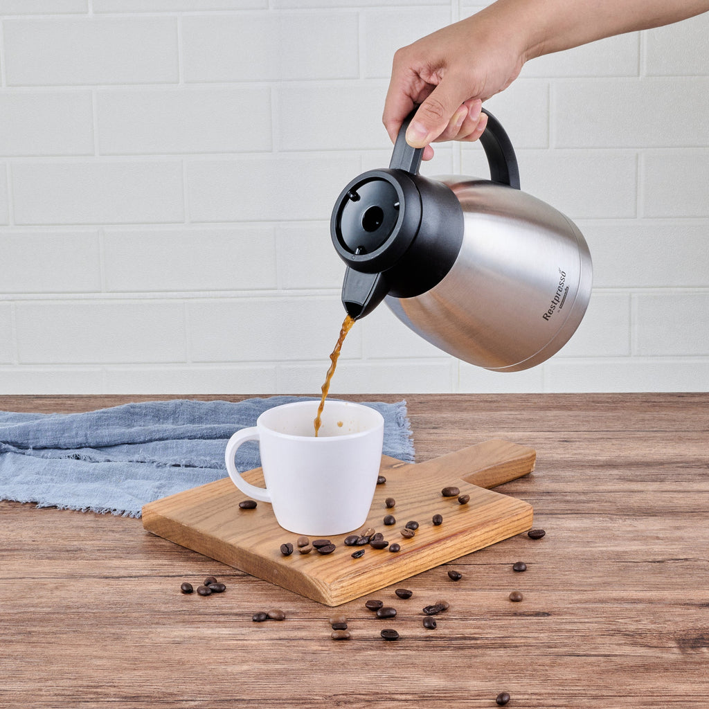 Restpresso 34 oz Insulated Coffee Carafe / Server - with Regular and Decaf Brew Thru Lids - 7 3/4" x 5 1/2" x 7" - 1 count box