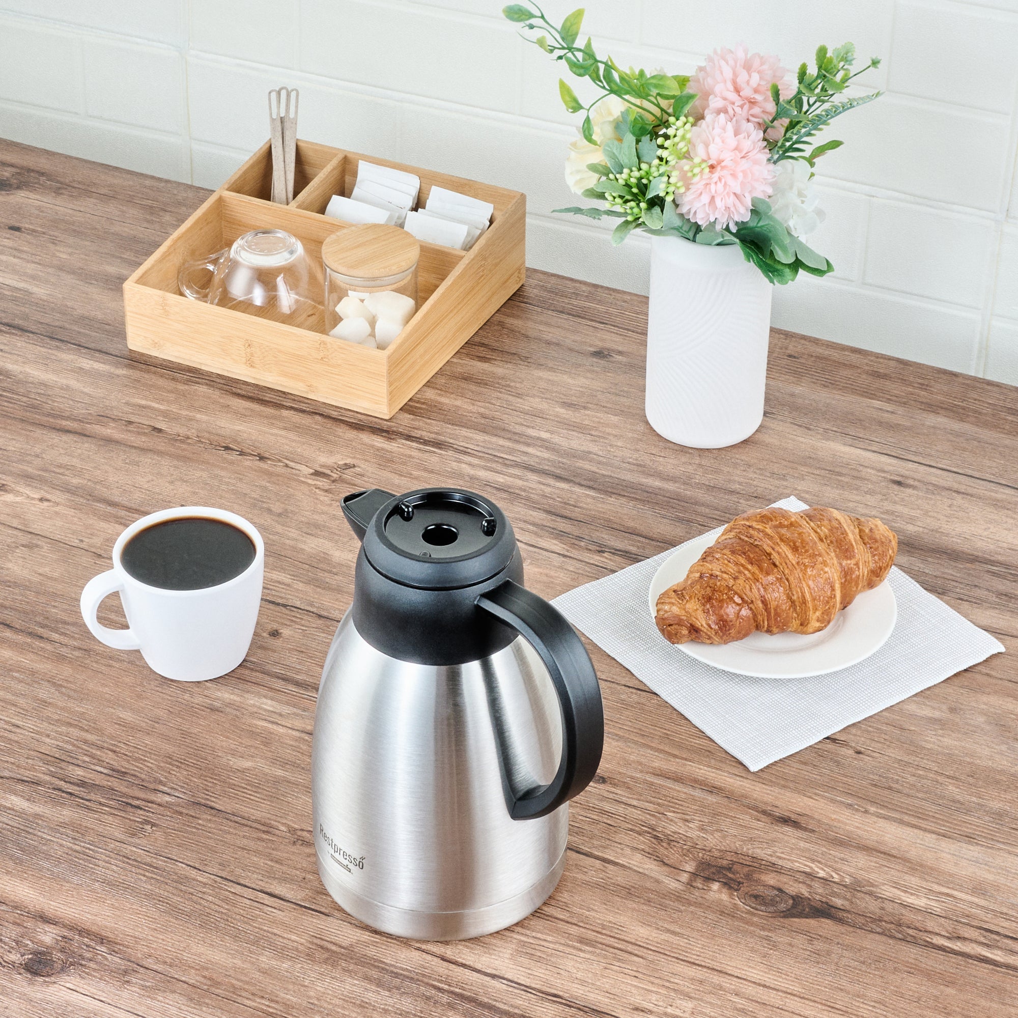 Restpresso 51 oz Insulated Coffee Carafe / Server - with Regular and Decaf Brew Thru Lids - 7 3/4" x 5 1/2" x 8 1/4" - 1 count box
