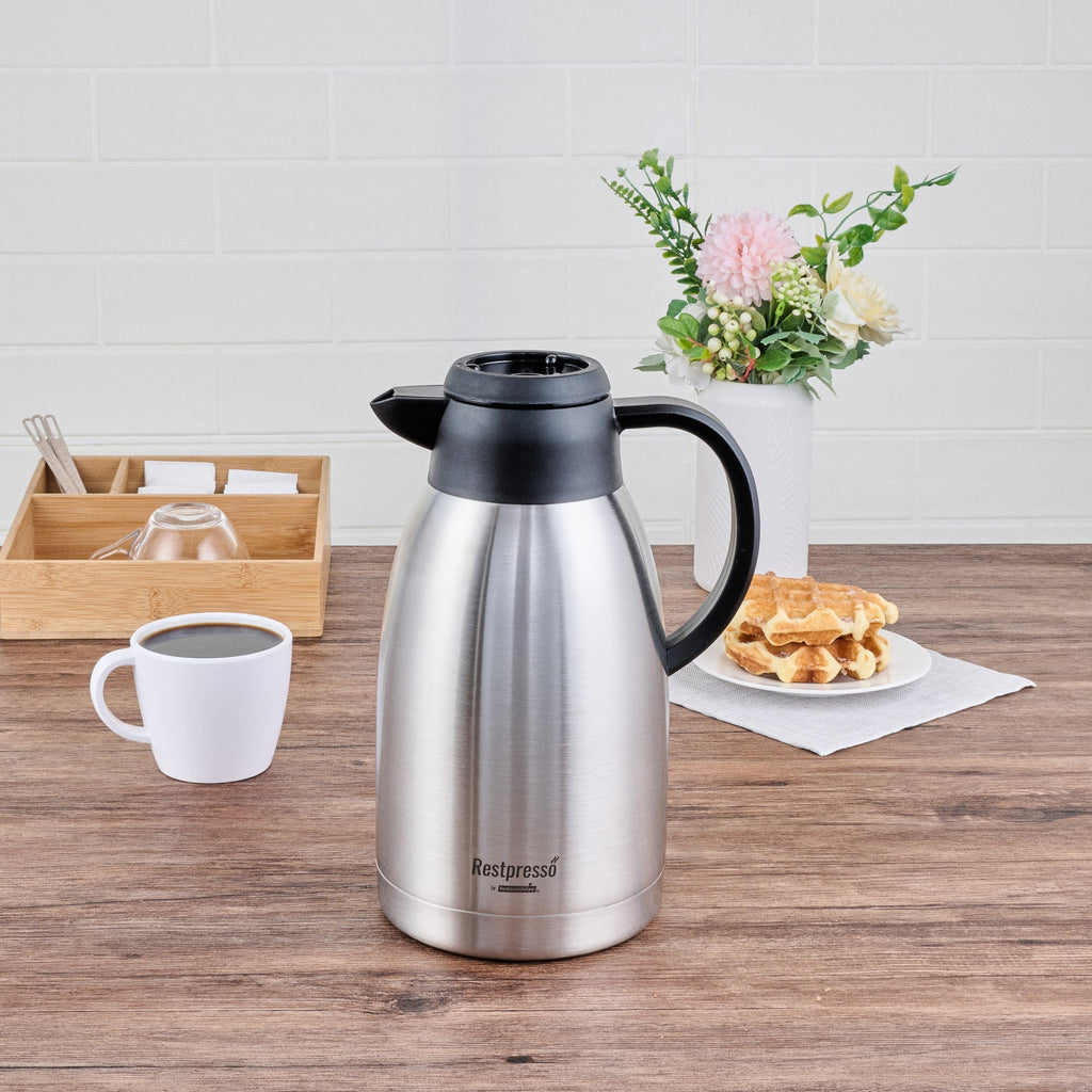 Restpresso 68 oz Insulated Coffee Carafe / Server - with Regular and Decaf Brew Thru Lids - 11 1/4" x 5 1/2" x 7" - 1 count box