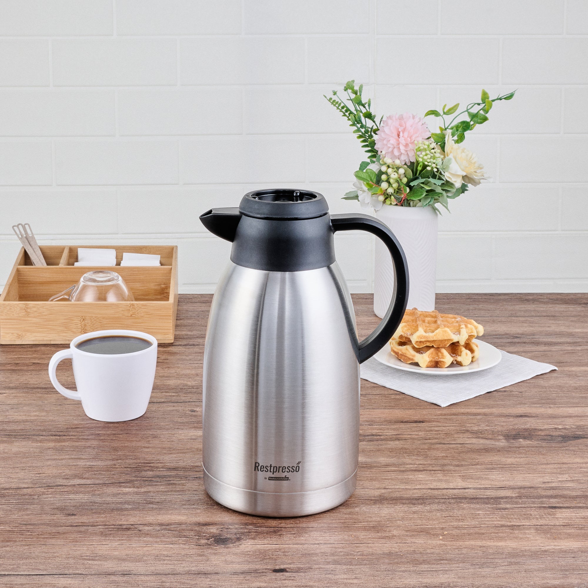 Restpresso 68 oz Insulated Coffee Carafe / Server - with Regular and Decaf Brew Thru Lids - 11 1/4" x 5 1/2" x 7" - 1 count box