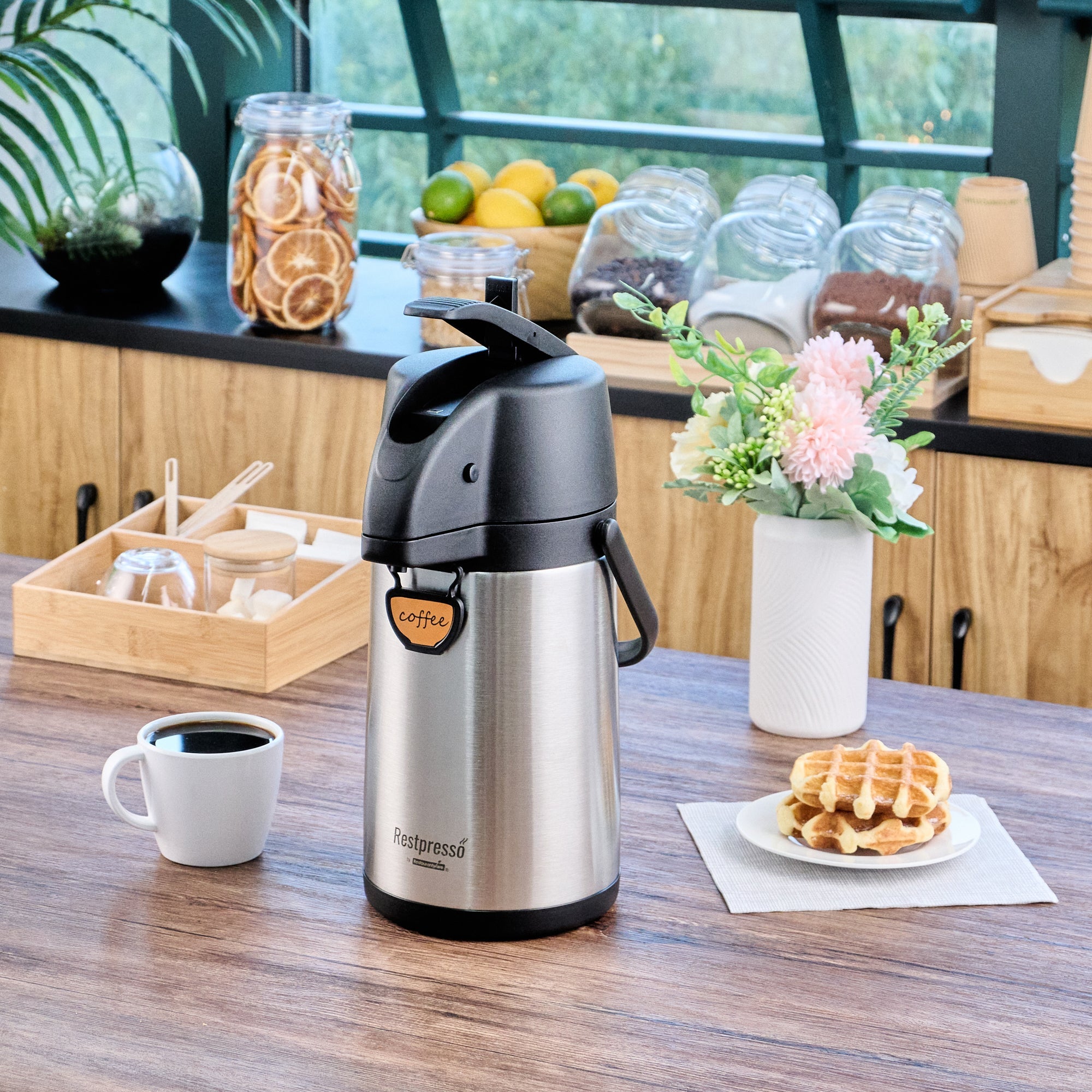 Restpresso 2.2L Vacuum Insulated Airpot Coffee Dispenser - Pump Lever, 12 hr Heat Retention, with Hanging Tag and Decals - 1 count box
