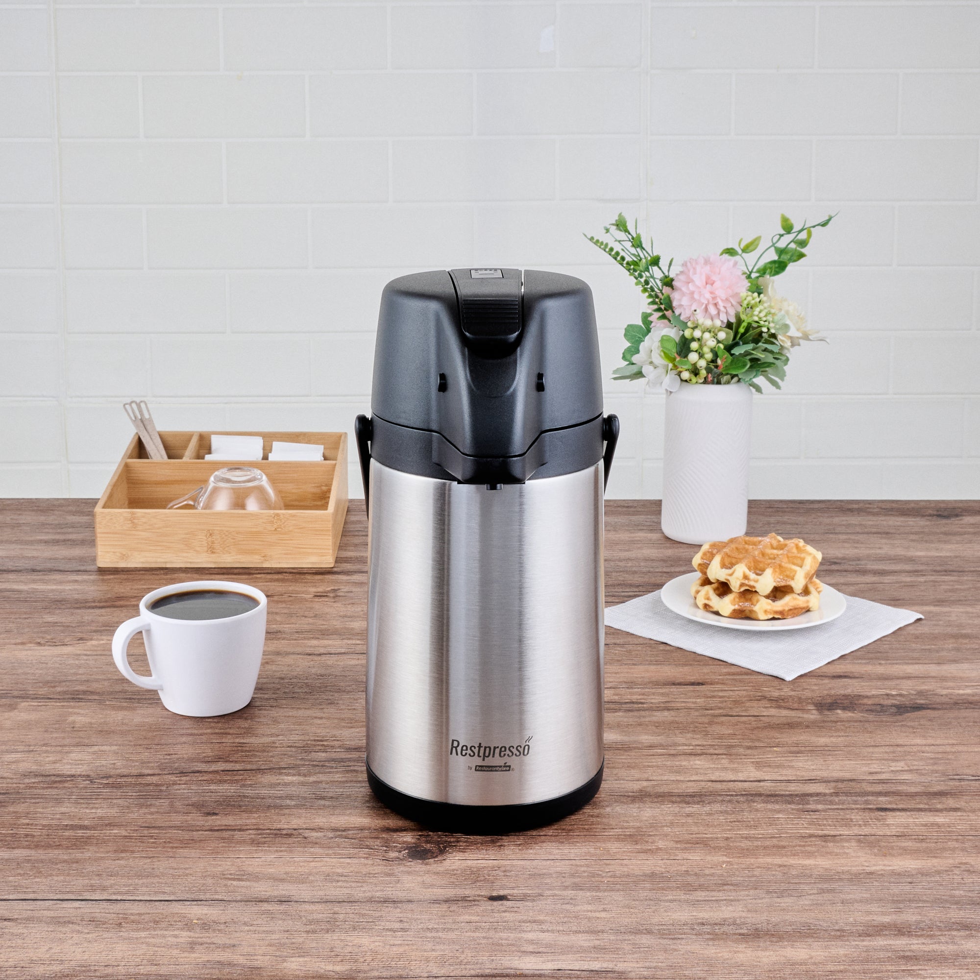 Restpresso 2.2L Vacuum Insulated Airpot Coffee Dispenser - Pump Lever, 12 hr Heat Retention, with Hanging Tag and Decals - 1 count box