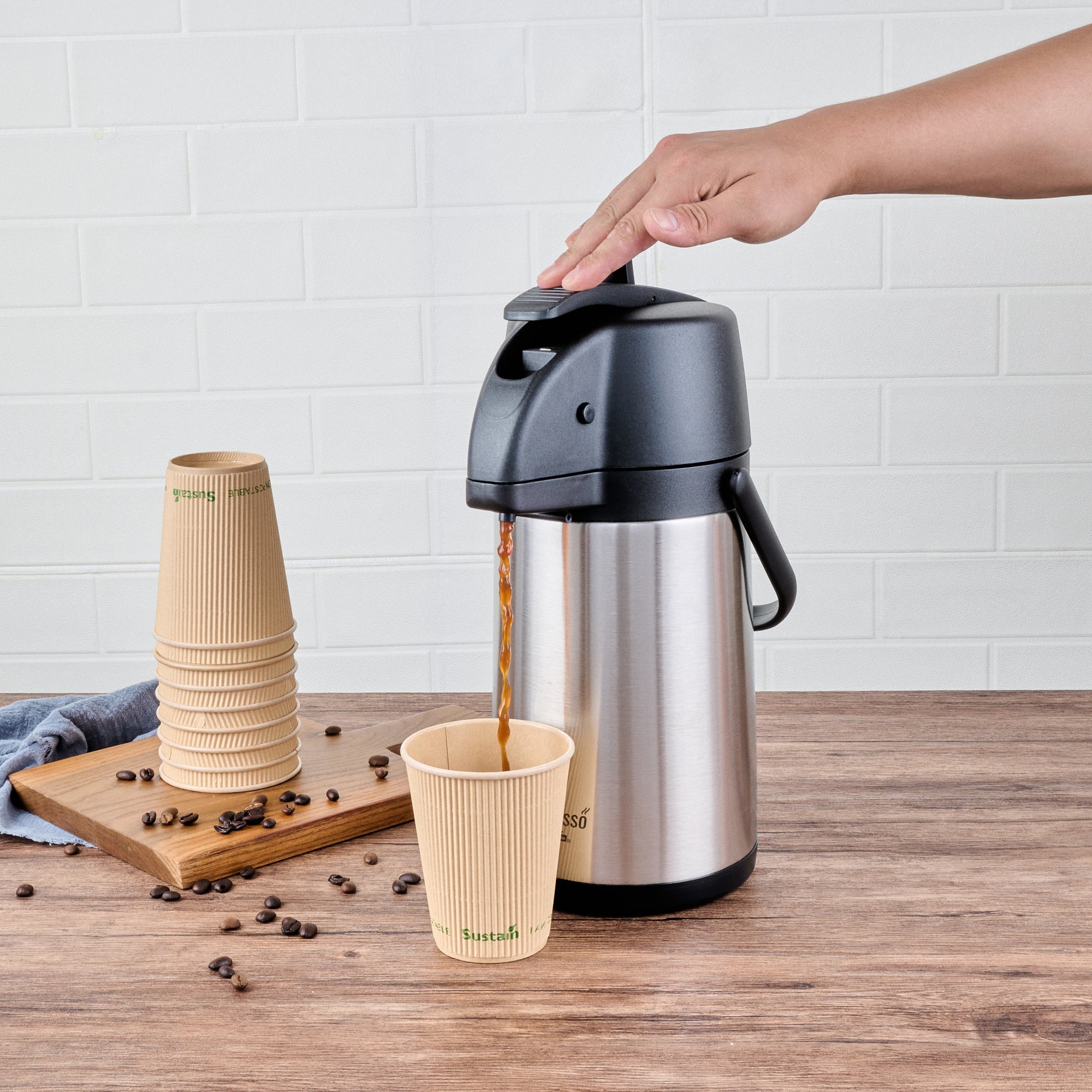 Restpresso 2.2L Vacuum Insulated Airpot Coffee Dispenser - Pump Lever, 12 hr Heat Retention, with Hanging Tag and Decals - 1 count box