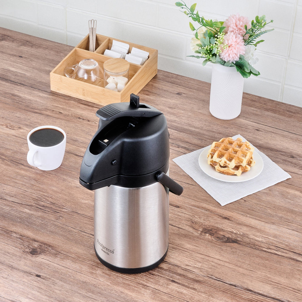 Restpresso 2.2L Vacuum Insulated Airpot Coffee Dispenser - Pump Lever, 12 hr Heat Retention, with Hanging Tag and Decals - 1 count box