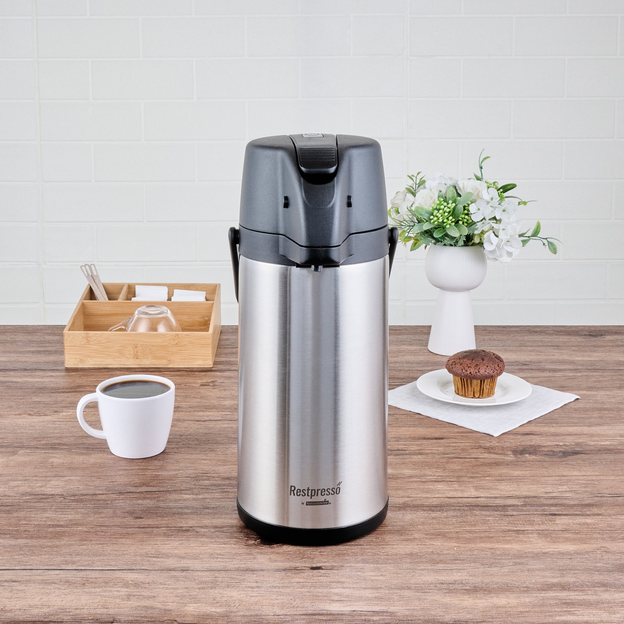 Restpresso 3L Vacuum Insulated Airpot Coffee Dispenser - Pump Lever, 12 hr Heat Retention, with Hanging Tag and Decals - 1 count box