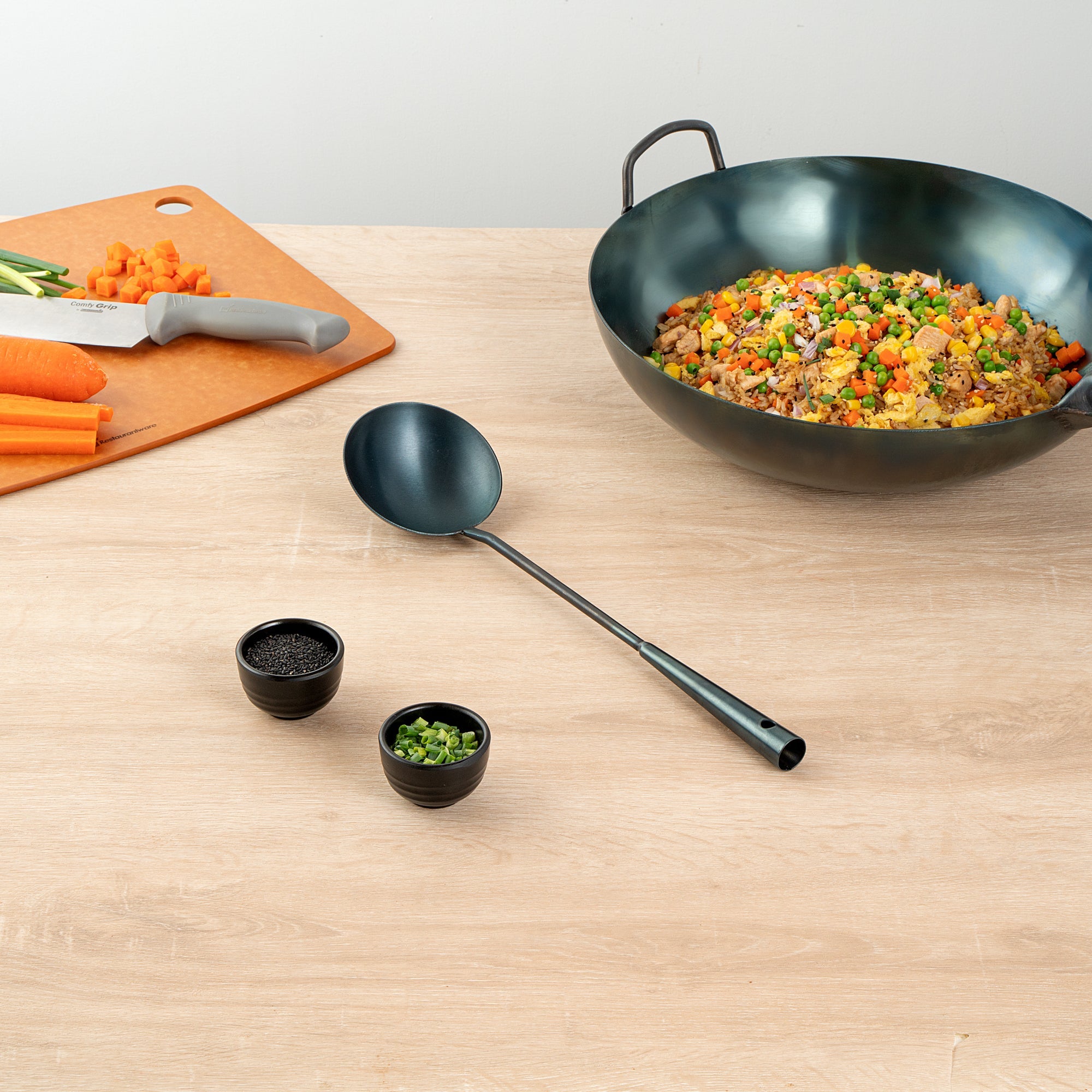Motomori Blue Carbon Steel Wok Ladle - Pre-seasoned - 16" - 10 count box