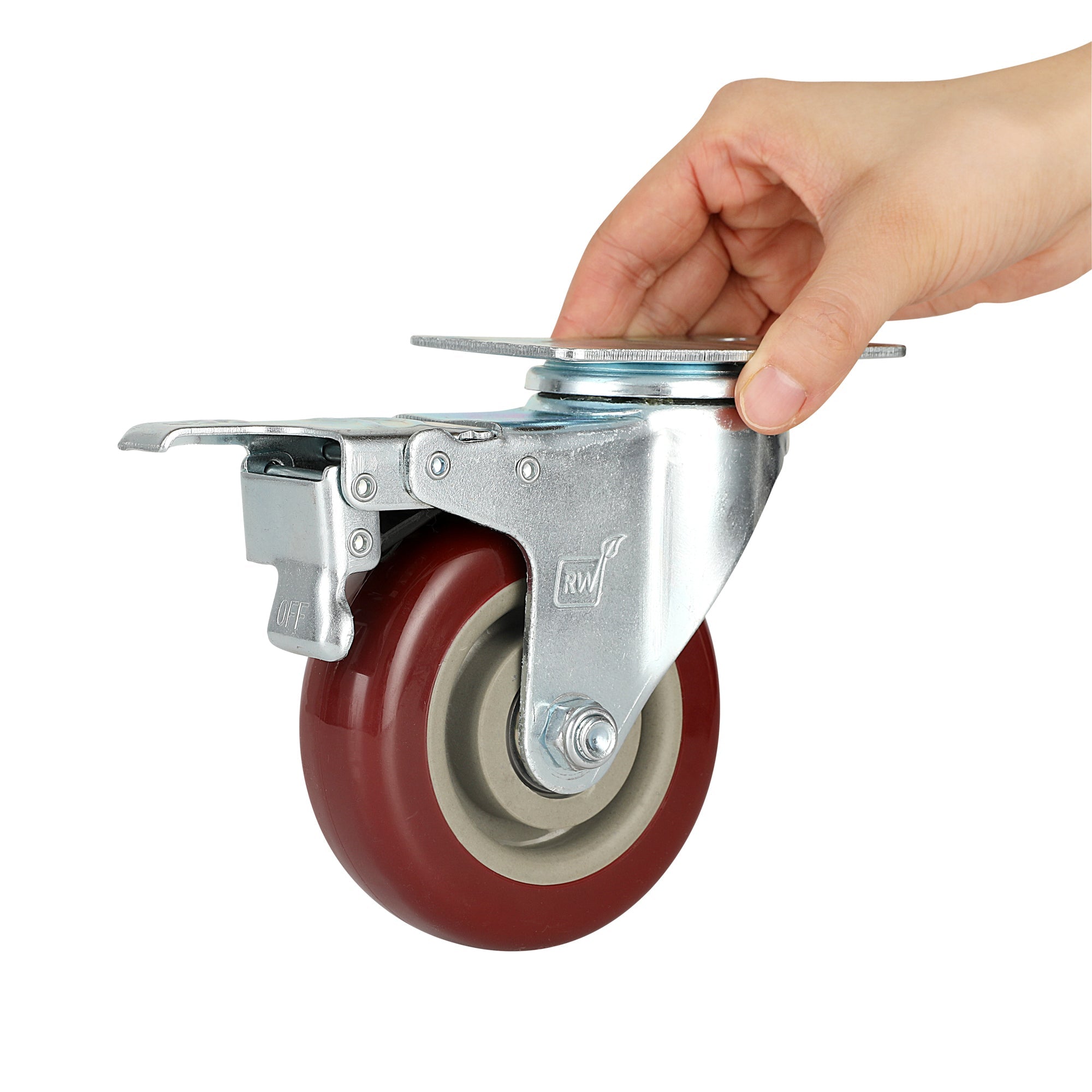 RW Hardware Red Swivel Plate Caster - with Brakes and Mounting Hardware - 4" - 4 count box