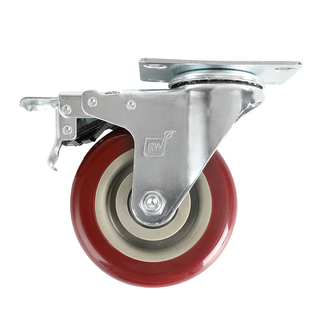 RW Hardware Red Swivel Plate Caster - with Brakes and Mounting Hardware - 4" - 4 count box