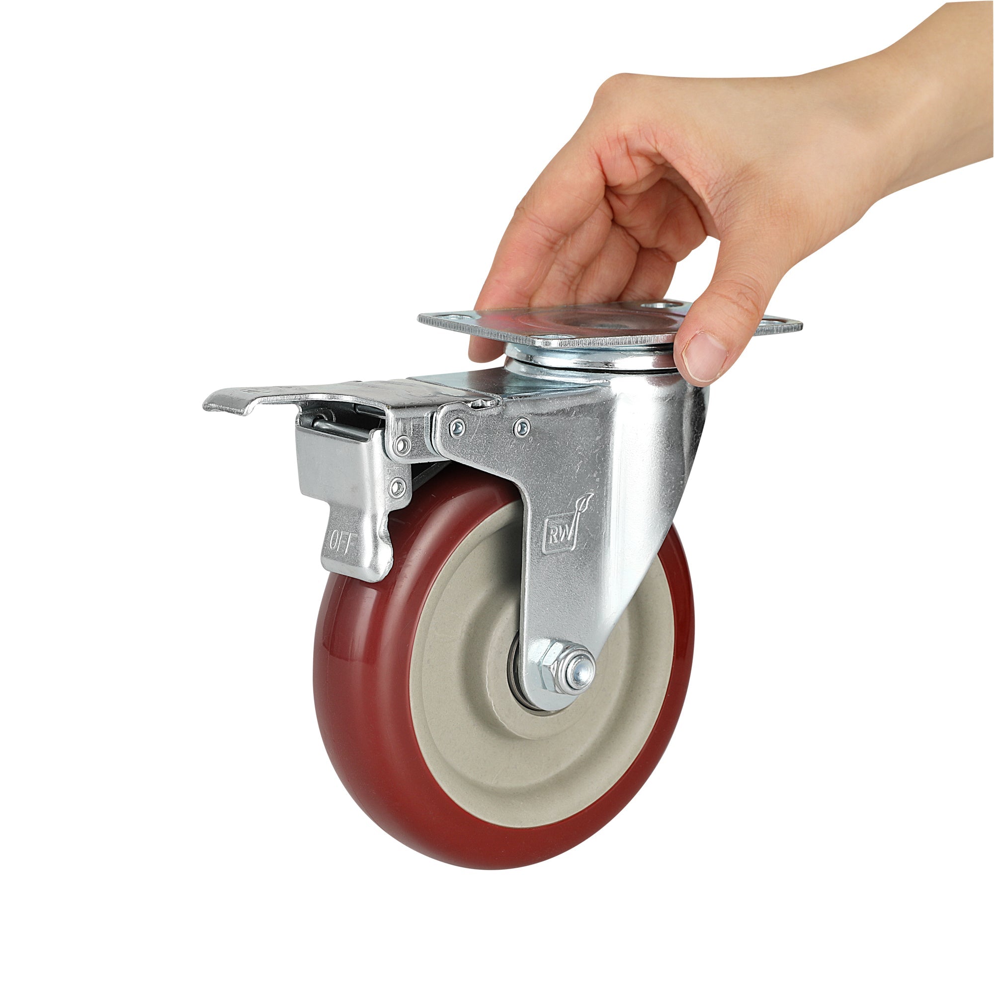 RW Hardware Red Swivel Plate Caster - with Brakes and Mounting Hardware - 5" - 4 count box