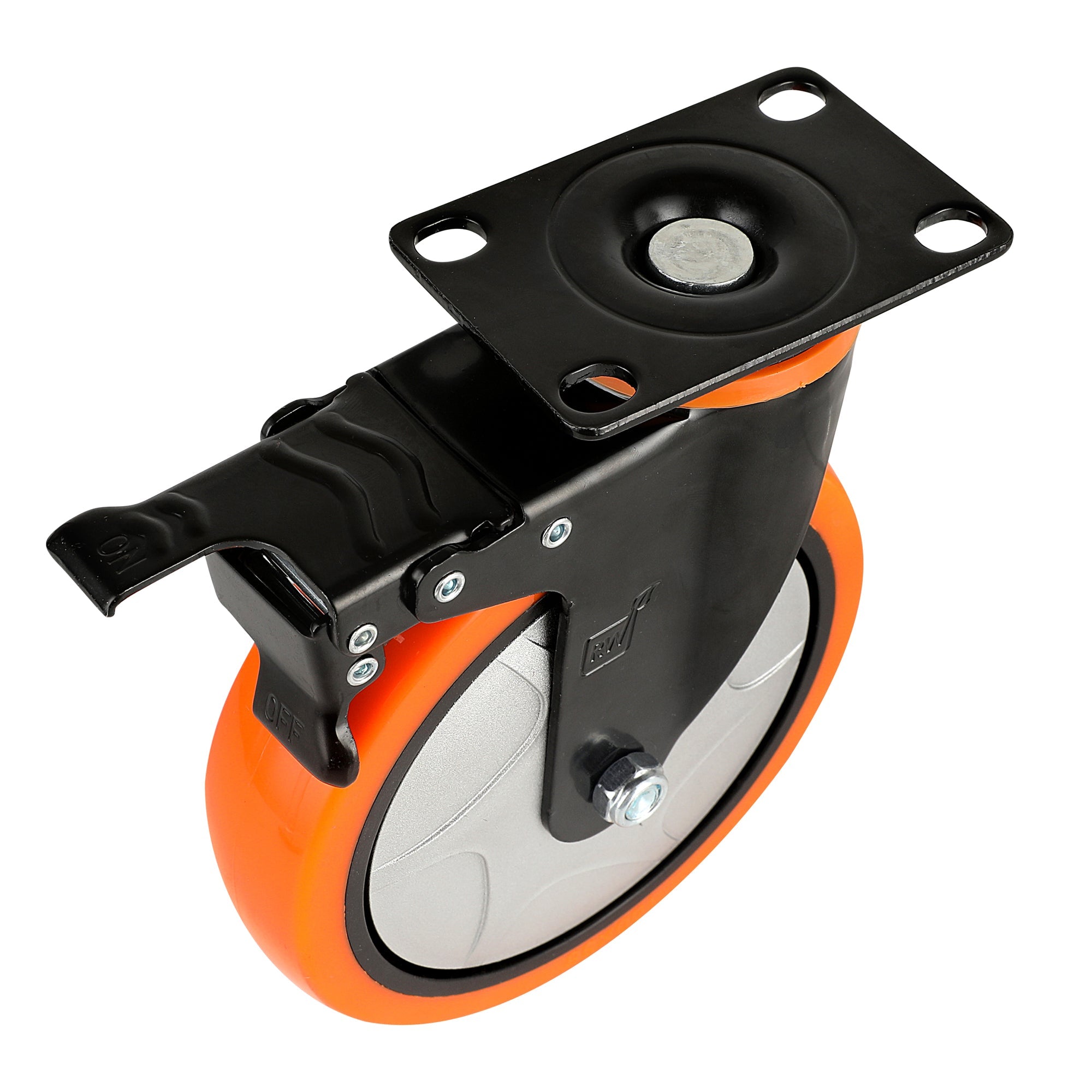 RW Hardware Orange Swivel Plate Caster - with Brakes and Mounting Hardware, Heavy Duty - 6" - 4 count box