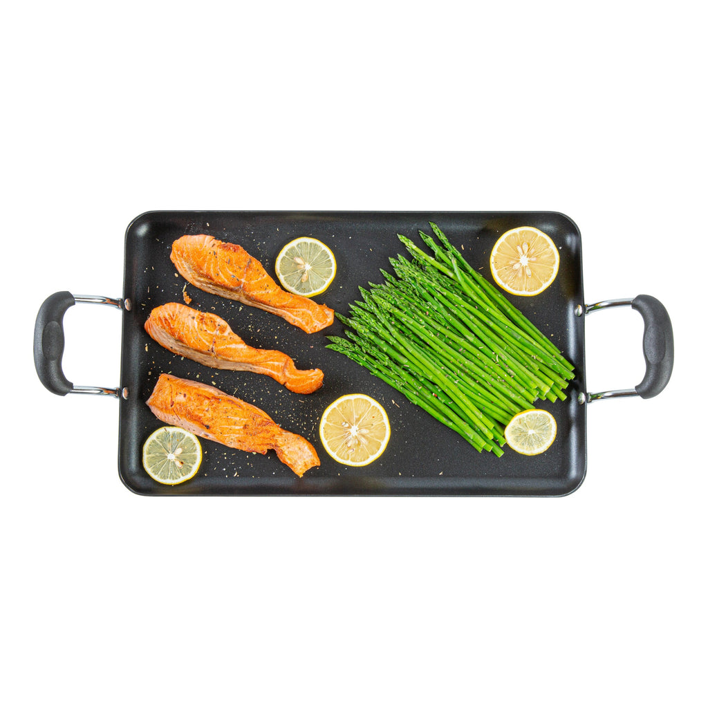Met Lux Aluminum Double Burner Griddle - Non-Stick, with Bakelite Handles - 16 1/2" x 10 1/2" - 10 count box