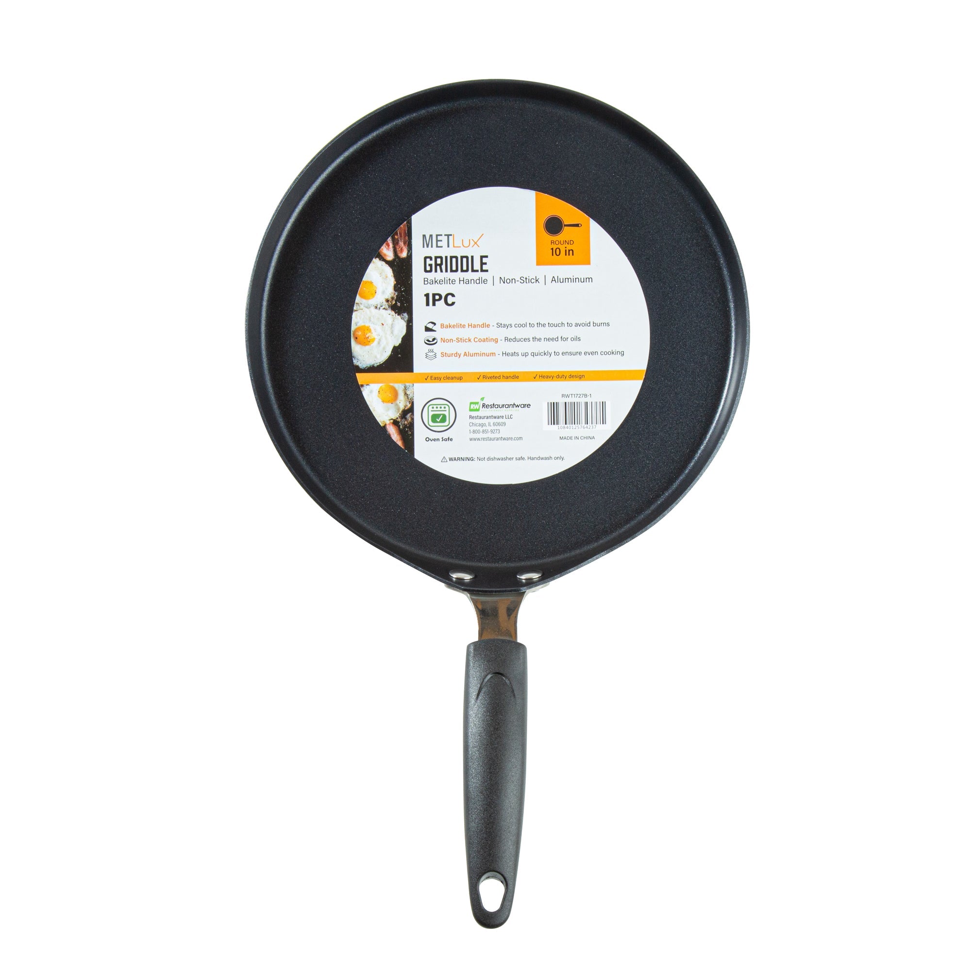 Met Lux Round Aluminum Griddle - Non-Stick, with Bakelite Handles - 10" - 1 count box