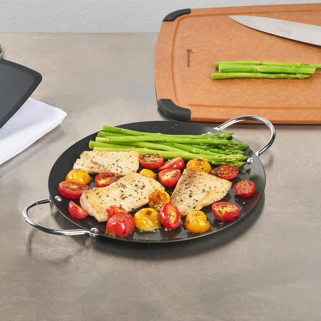 Met Lux Round Carbon Steel Griddle - Non-Stick, with Chrome Handles - 9" - 1 count box