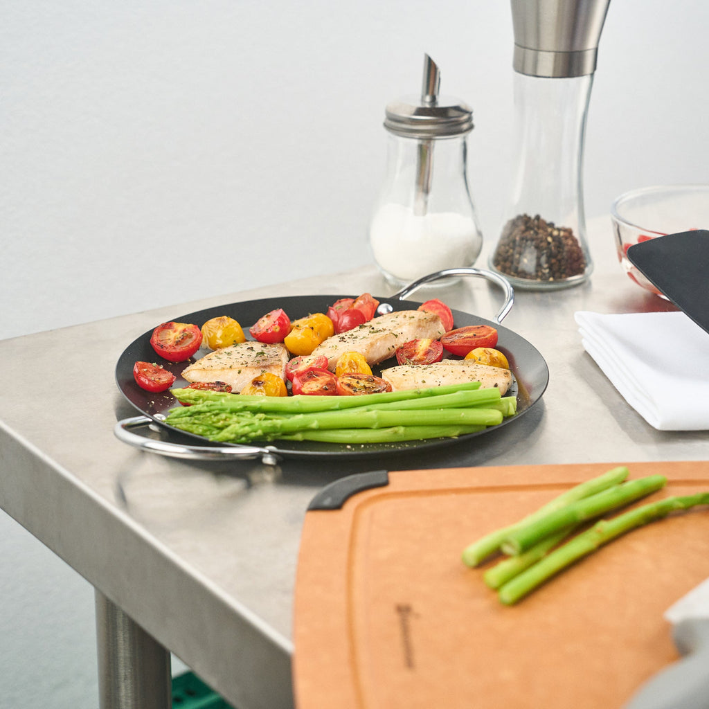 Met Lux Round Carbon Steel Griddle - Non-Stick, with Chrome Handles - 9" - 1 count box