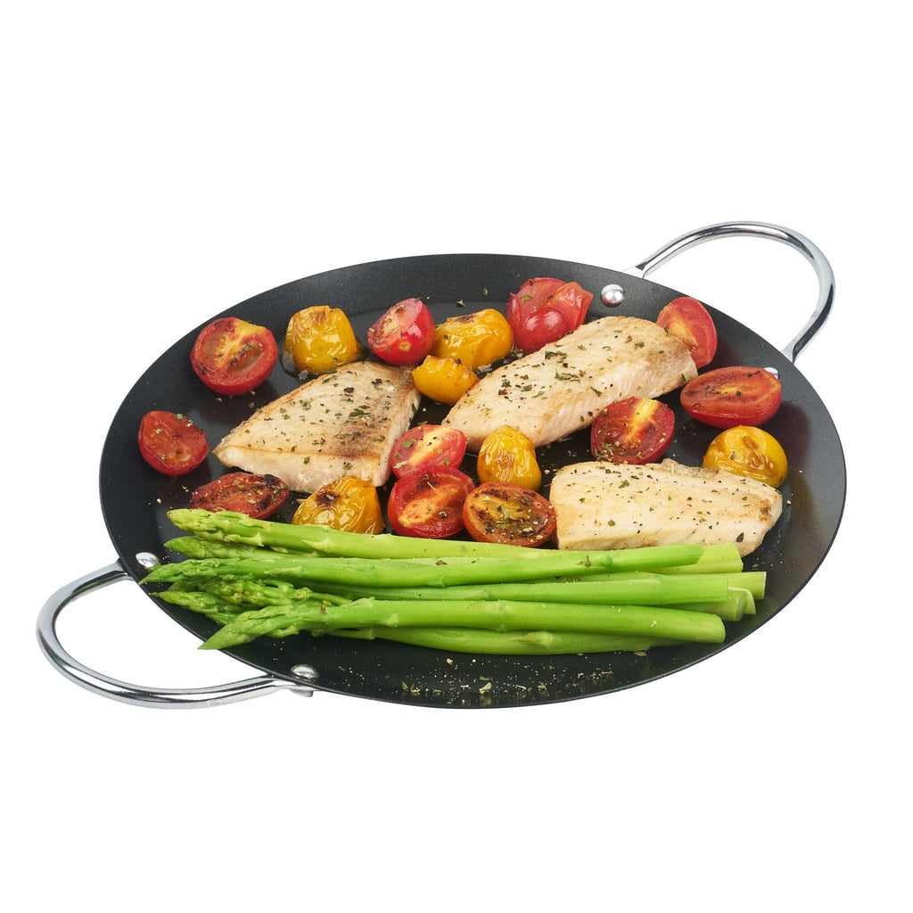 Met Lux Round Carbon Steel Griddle - Non-Stick, with Chrome Handles - 9" - 10 count box