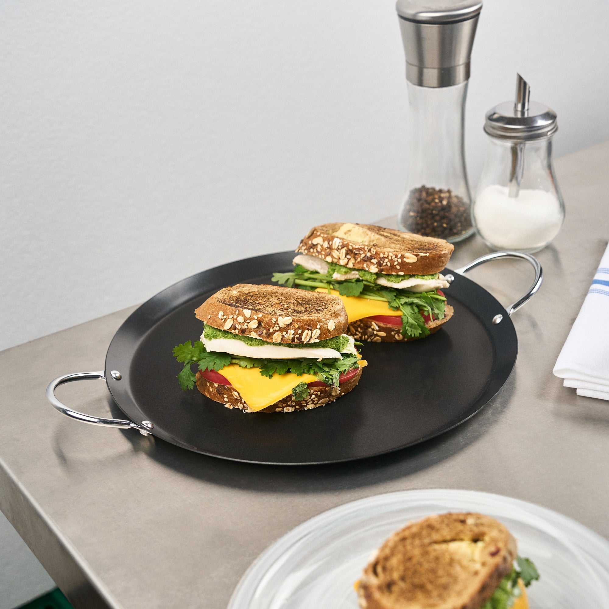 Met Lux Round Carbon Steel Griddle - Non-Stick, with Chrome Handles - 11" - 1 count box
