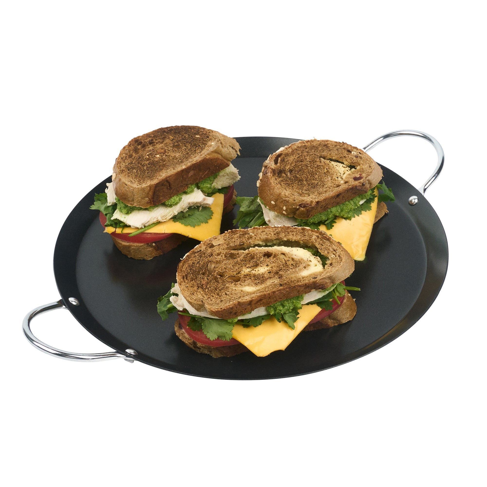 Met Lux Round Carbon Steel Griddle - Non-Stick, with Chrome Handles - 11" - 10 count box