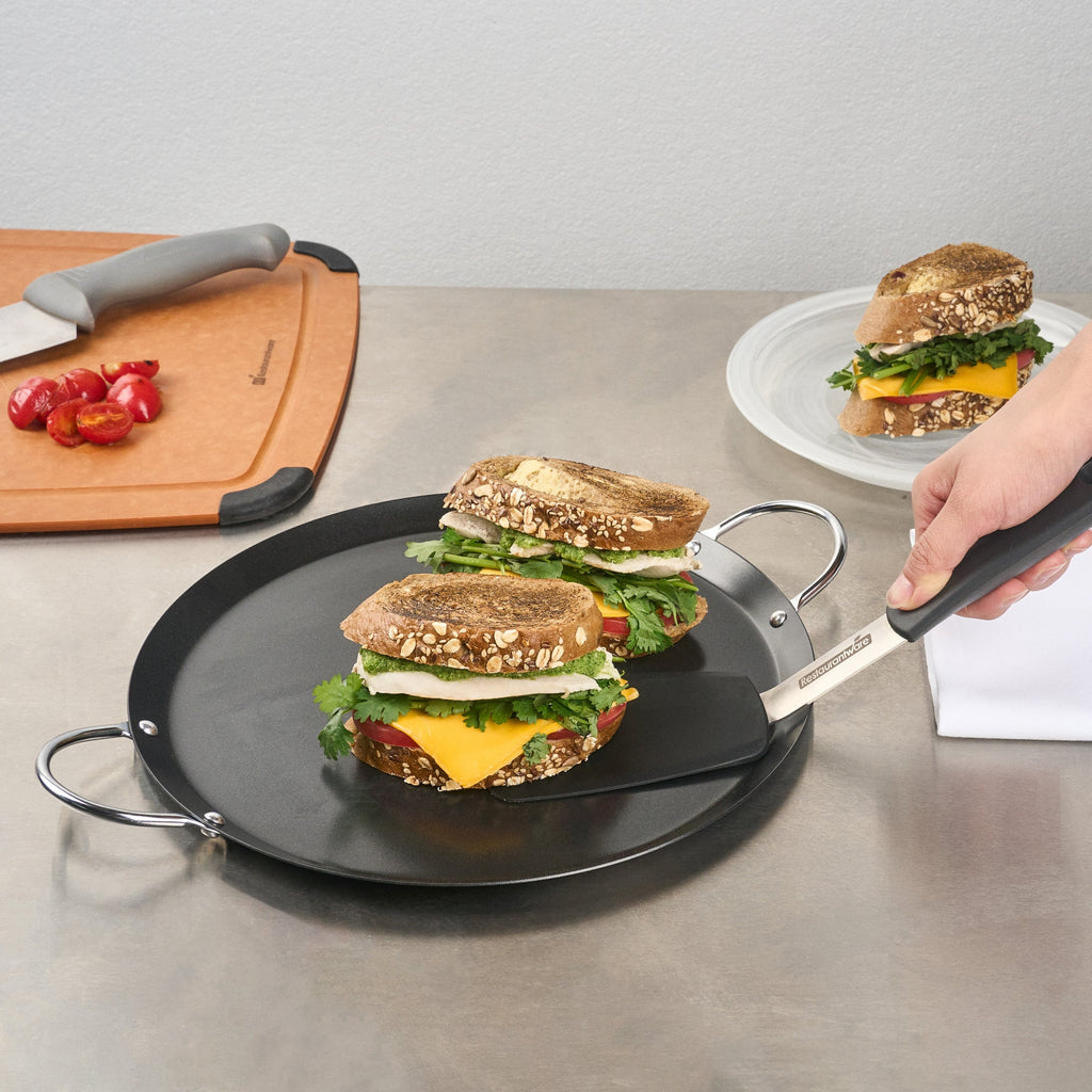Met Lux Round Carbon Steel Griddle - Non-Stick, with Chrome Handles - 11" - 10 count box