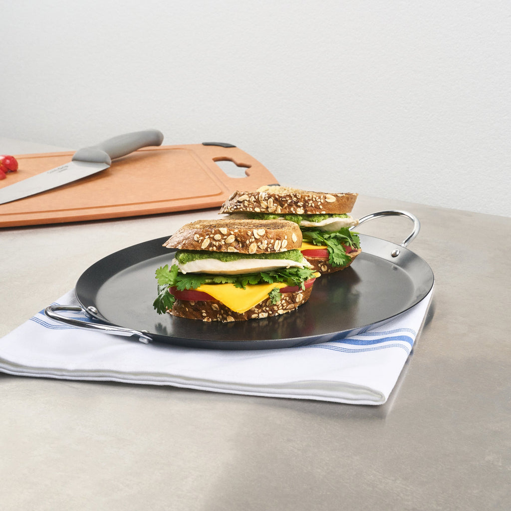 Met Lux Round Carbon Steel Griddle - Non-Stick, with Chrome Handles - 11" - 10 count box