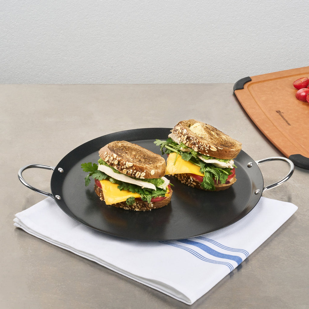 Met Lux Round Carbon Steel Griddle - Non-Stick, with Chrome Handles - 11" - 10 count box