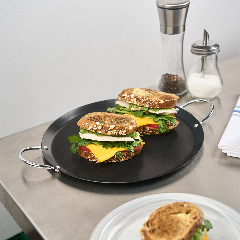 Met Lux Round Carbon Steel Griddle - Non-Stick, with Chrome Handles - 11" - 10 count box