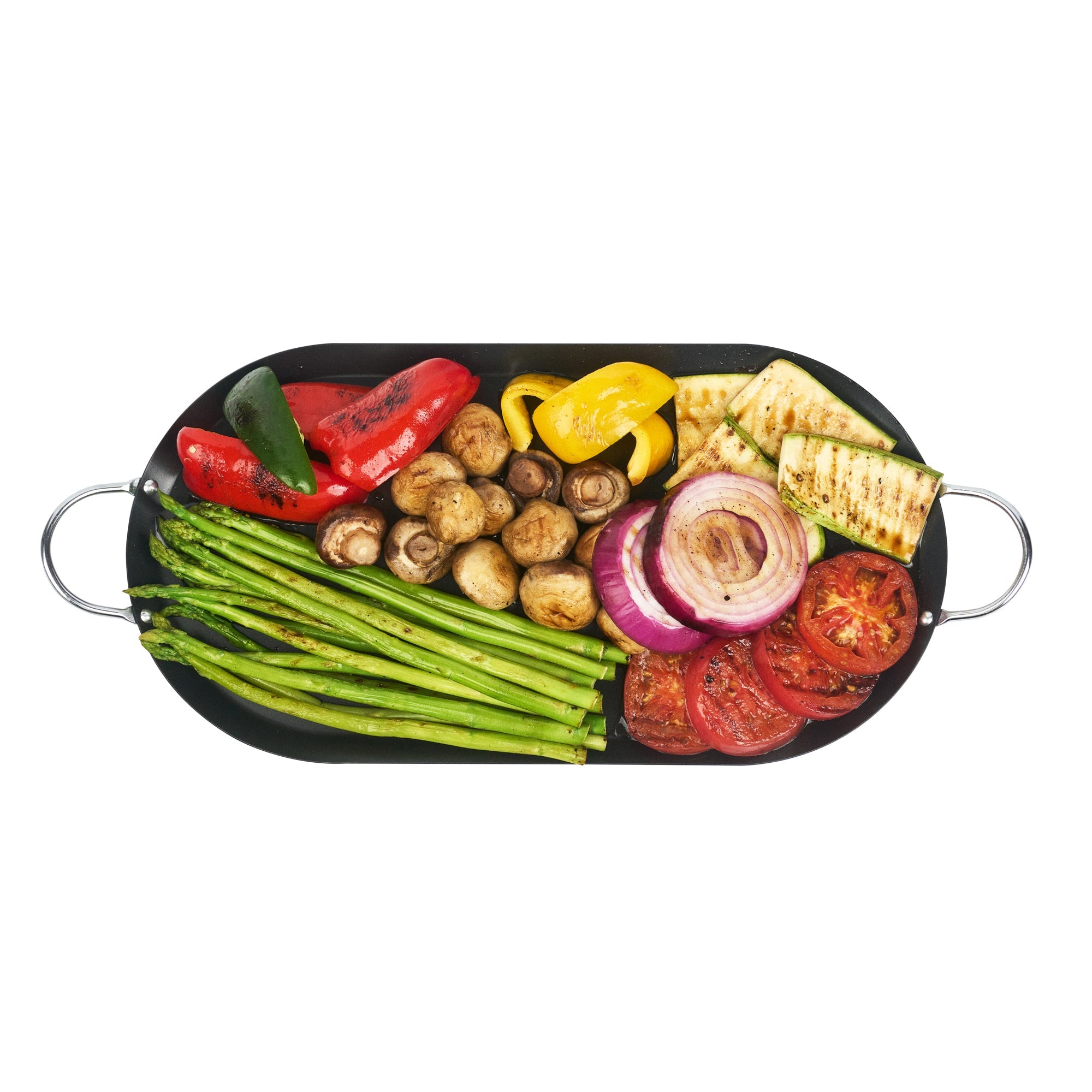 Met Lux Oval Black Carbon Steel Double Burner Griddle - Non-Stick, With Chrome Handles - 17" x 8 3/4" - 1 count box