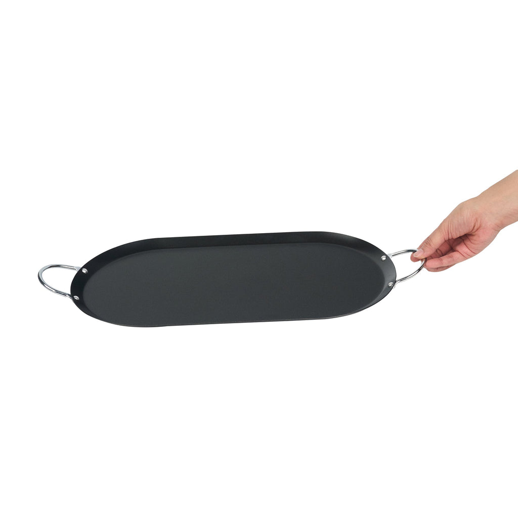 Met Lux Oval Black Carbon Steel Double Burner Griddle - Non-Stick, With Chrome Handles - 17" x 8 3/4" - 1 count box