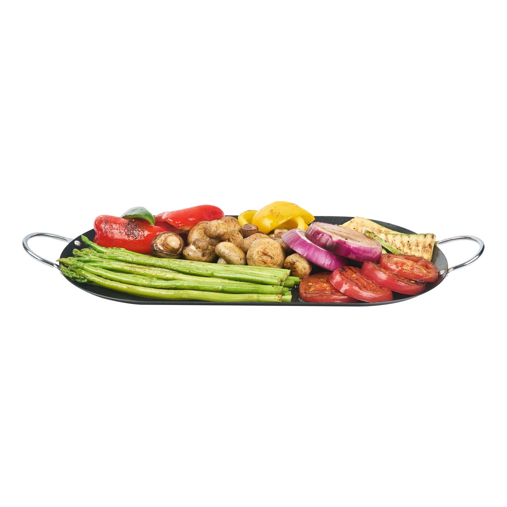 Met Lux Oval Black Carbon Steel Double Burner Griddle - Non-Stick, With Chrome Handles - 17" x 8 3/4" - 1 count box