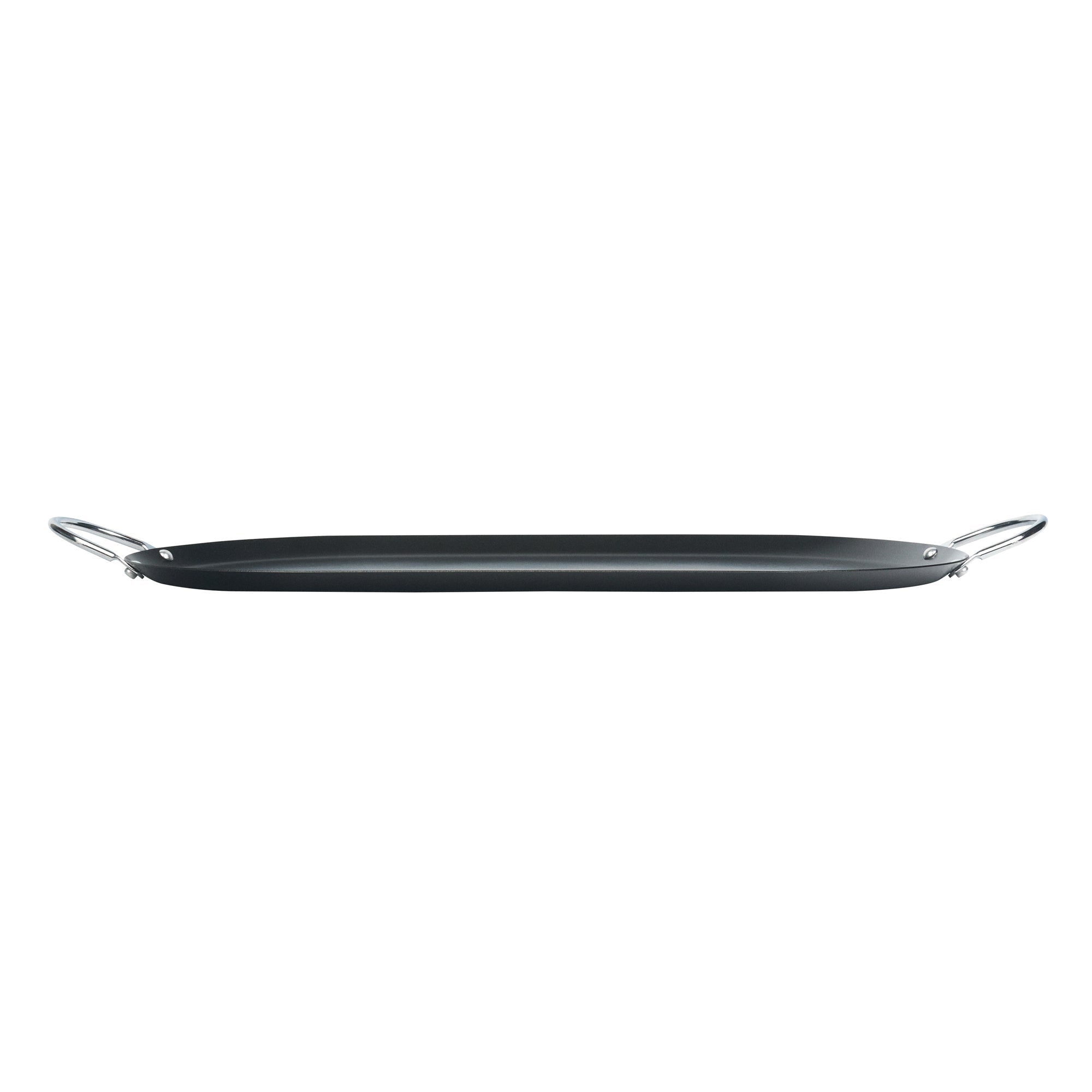 Met Lux Oval Black Carbon Steel Double Burner Griddle - Non-Stick, With Chrome Handles - 17" x 8 3/4" - 1 count box
