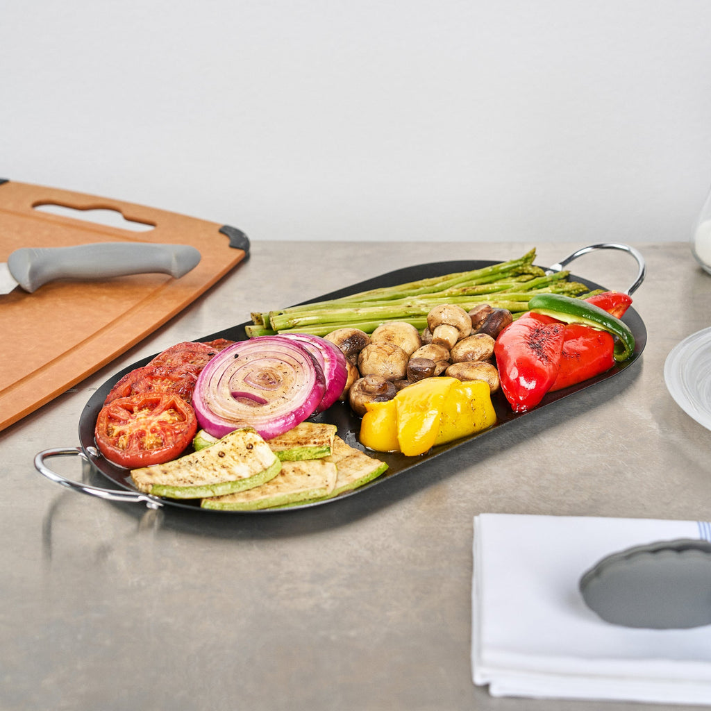 Met Lux Oval Black Carbon Steel Double Burner Griddle - Non-Stick, With Chrome Handles - 17" x 8 3/4" - 1 count box