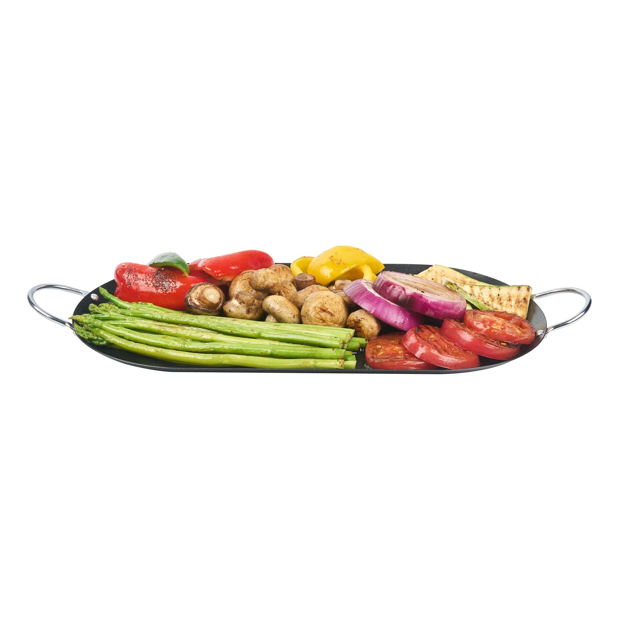 Met Lux Oval Black Carbon Steel Double Burner Griddle - Non-Stick, With Chrome Handles - 17" x 8 3/4" - 10 count box