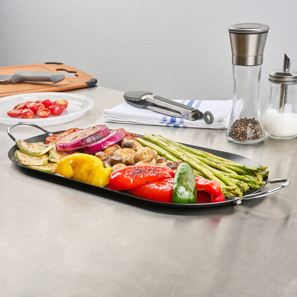 Met Lux Oval Black Carbon Steel Double Burner Griddle - Non-Stick, With Chrome Handles - 17" x 8 3/4" - 10 count box