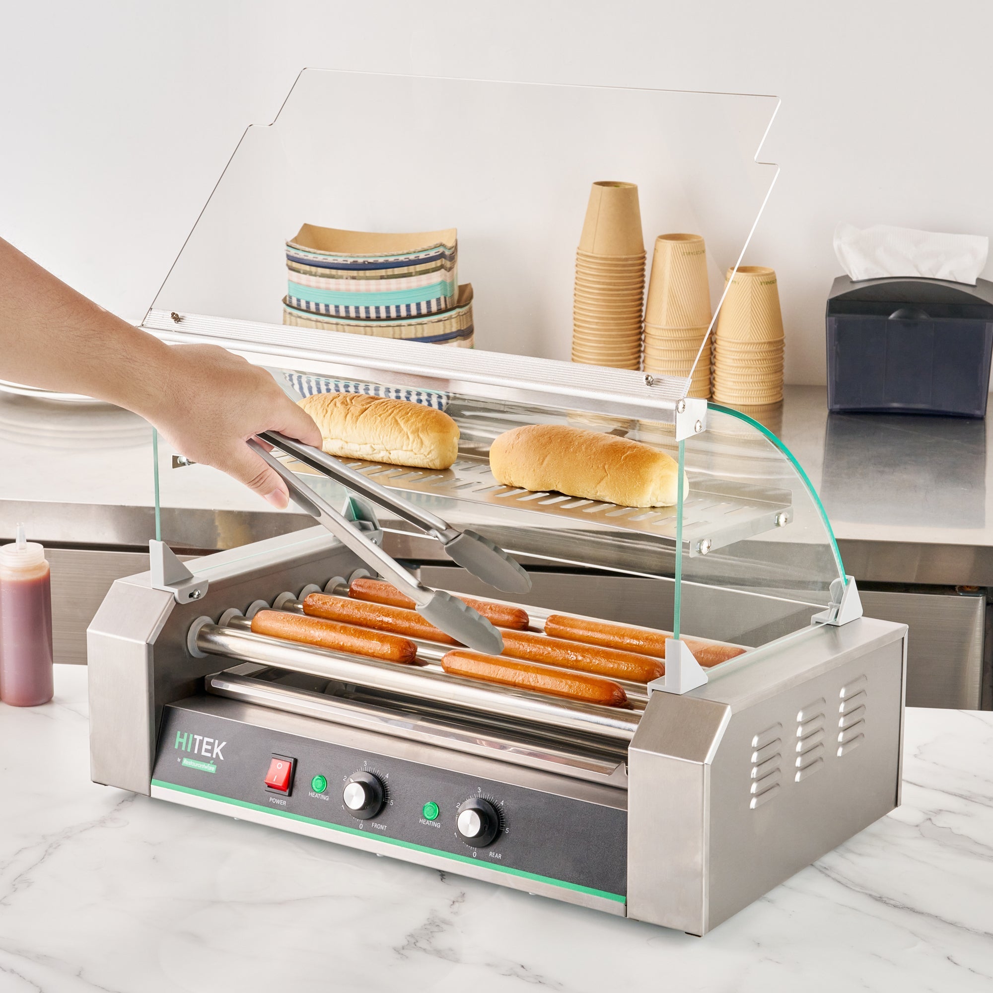 Hi Tek Stainless Steel Hot Dog Roller Grill Warmer - Fits 18 Hot Dogs and 4 Buns, Sneeze Guard - 1 count box
