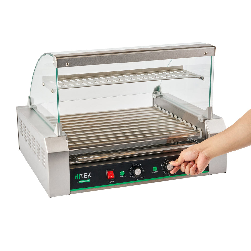 Hi Tek Stainless Steel Hot Dog Roller Grill Warmer - Fits 30 Hot Dogs and 4 Buns, Sneeze Guard - 1 count box