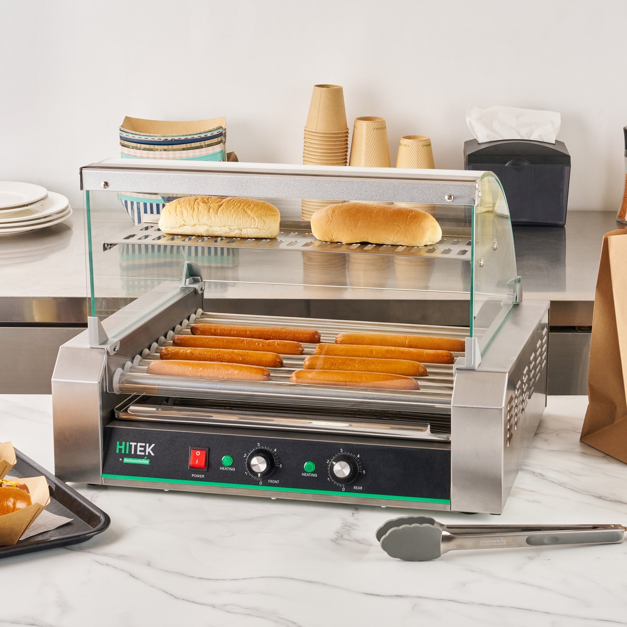 Hi Tek Stainless Steel Hot Dog Roller Grill Warmer - Fits 30 Hot Dogs and 4 Buns, Sneeze Guard - 1 count box