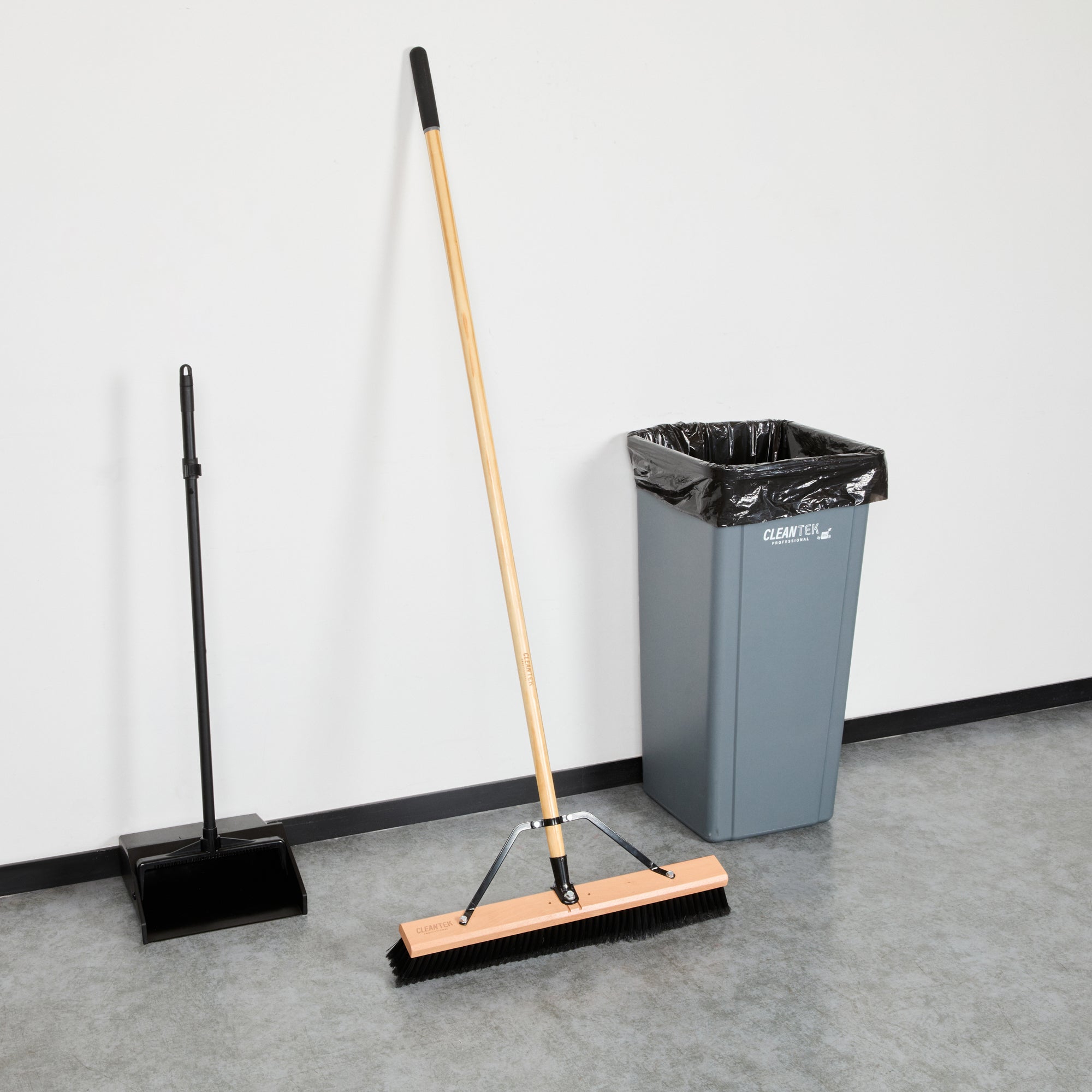 Clean Tek Professional 24" Contractor / Push Broom - with Fine Flagged Bristles, 60" Wood Handle - 1 count box