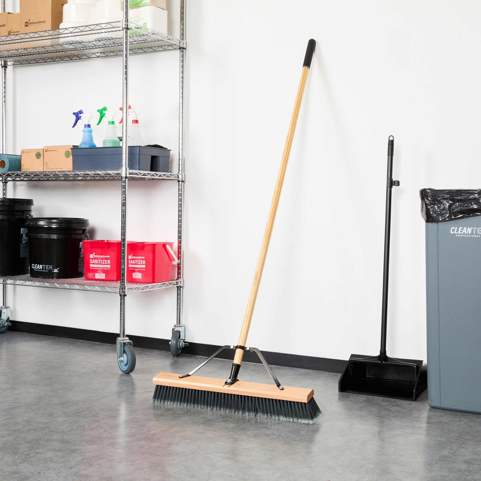 Clean Tek Professional 24" Contractor / Push Broom - with Medium Flagged Bristles, 60" Wood Handle - 1 count box