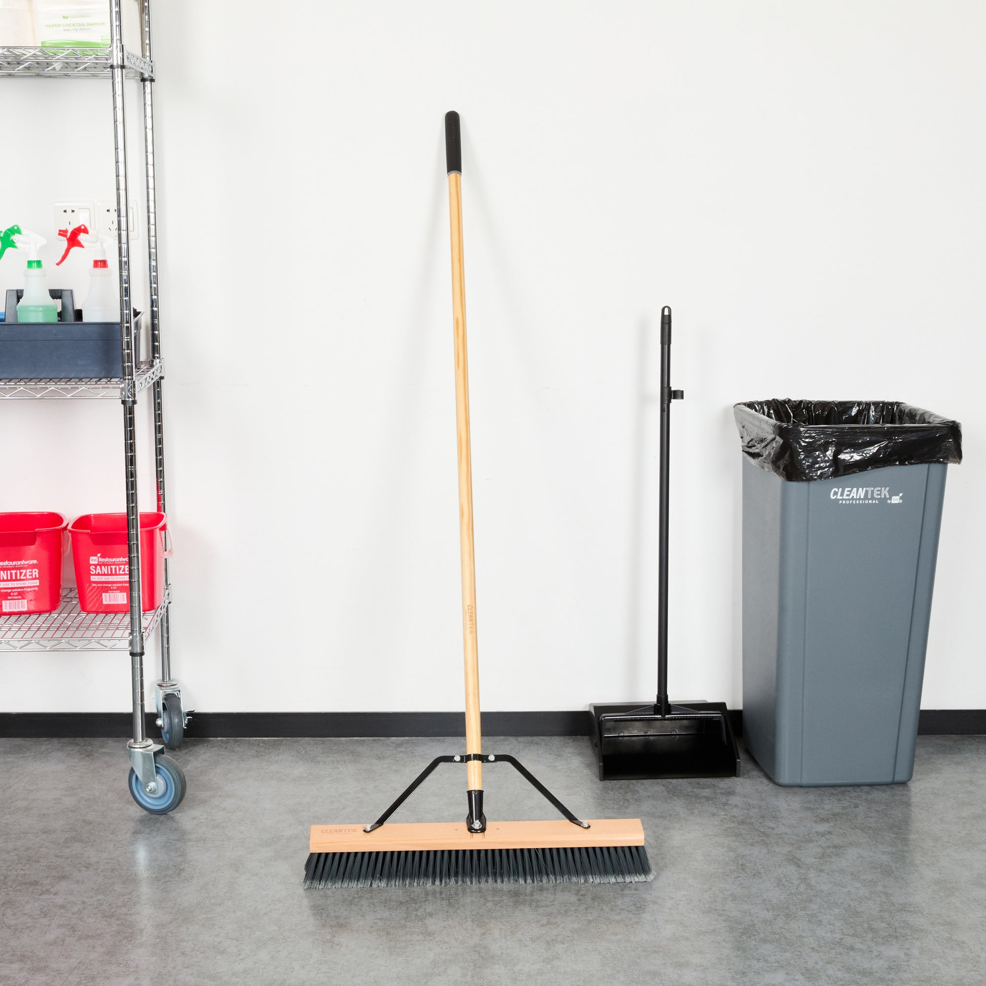 Clean Tek Professional 24" Contractor / Push Broom - with Medium Flagged Bristles, 60" Wood Handle - 1 count box