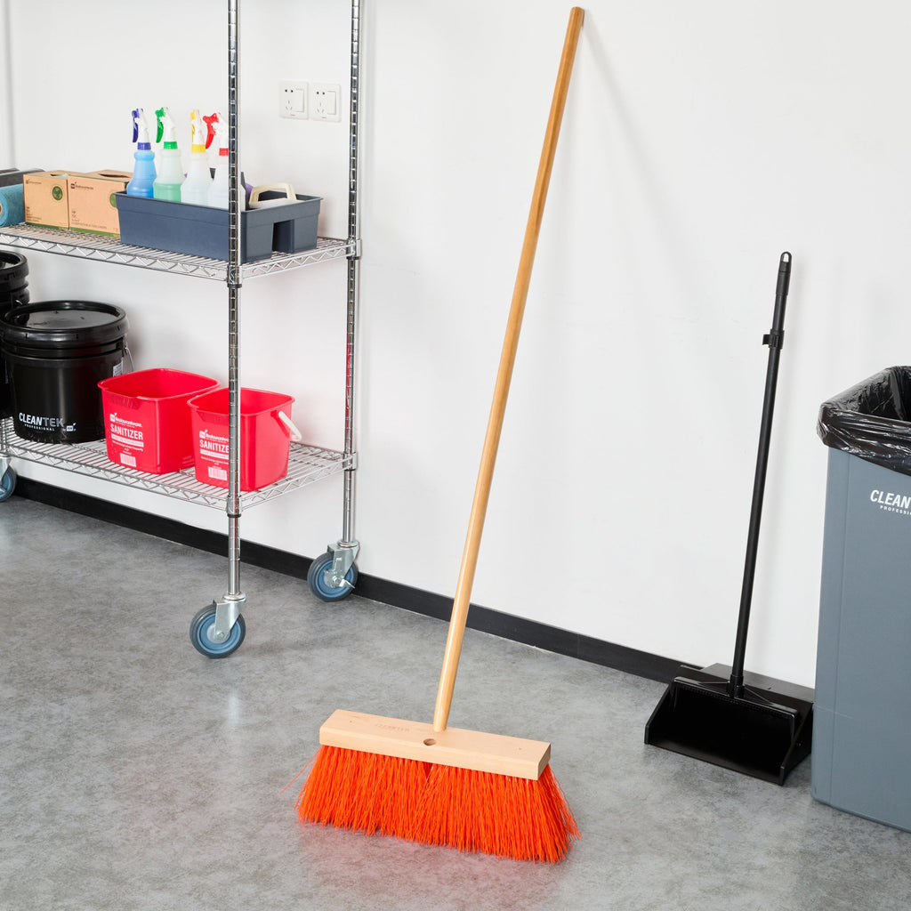Clean Tek Professional 16" Street / Push Broom - with Heavy Unflagged Bristles, 60" Wood Handle - 1 count box