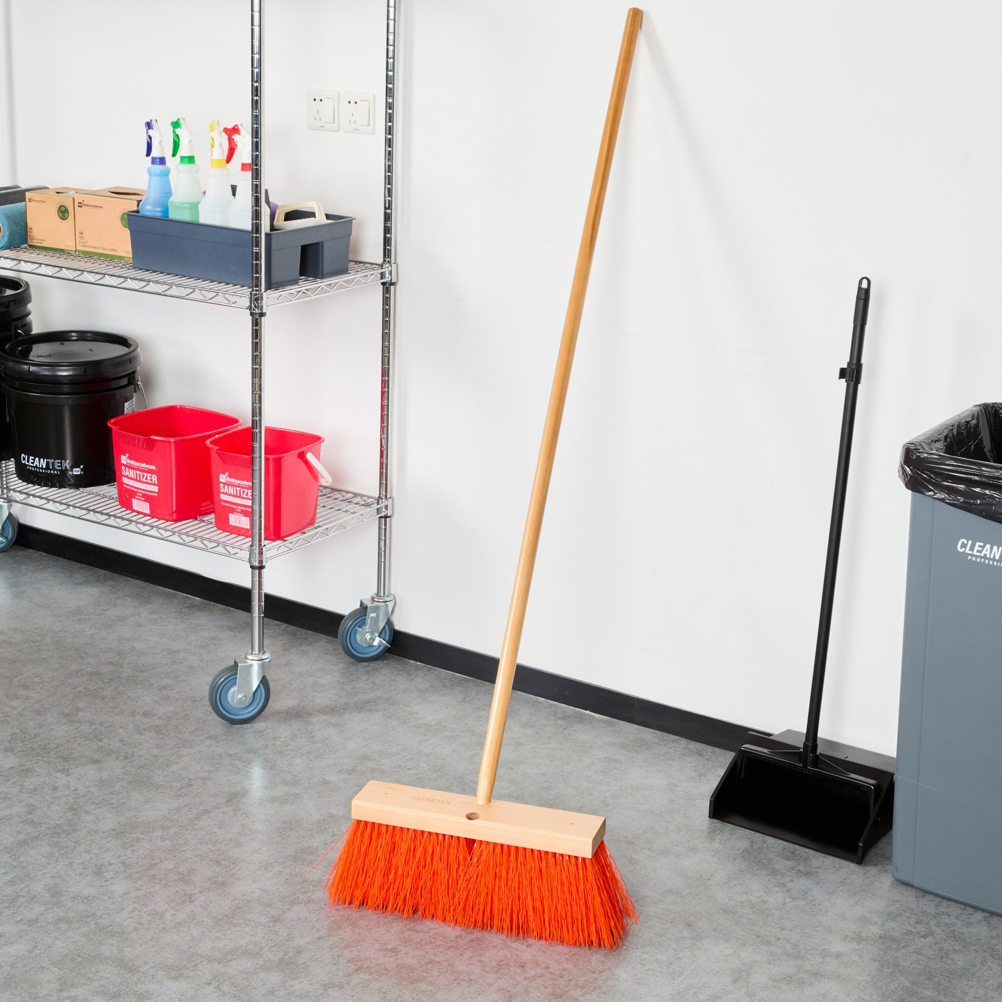 Clean Tek Professional 16" Street / Push Broom - with Heavy Unflagged Bristles, 60" Wood Handle - 1 count box