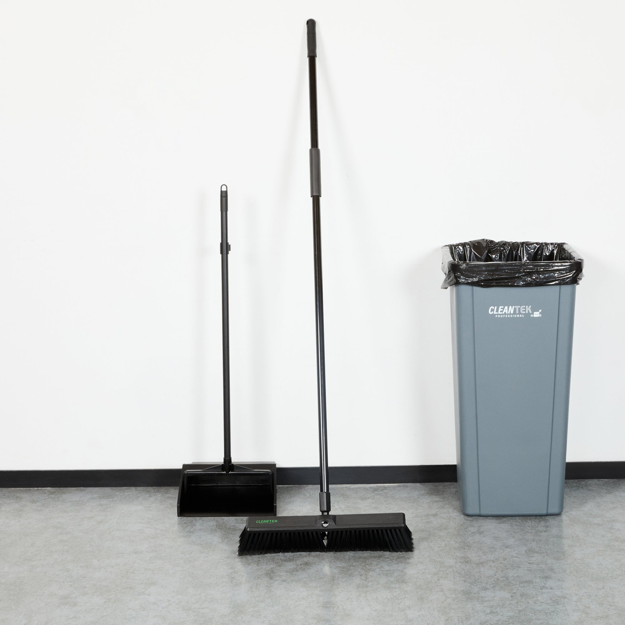 Clean Tek Professional 17 1/4" Black Plastic Push Broom - with Fine Flagged Bristles, 59" Steel Handle - 1 count box