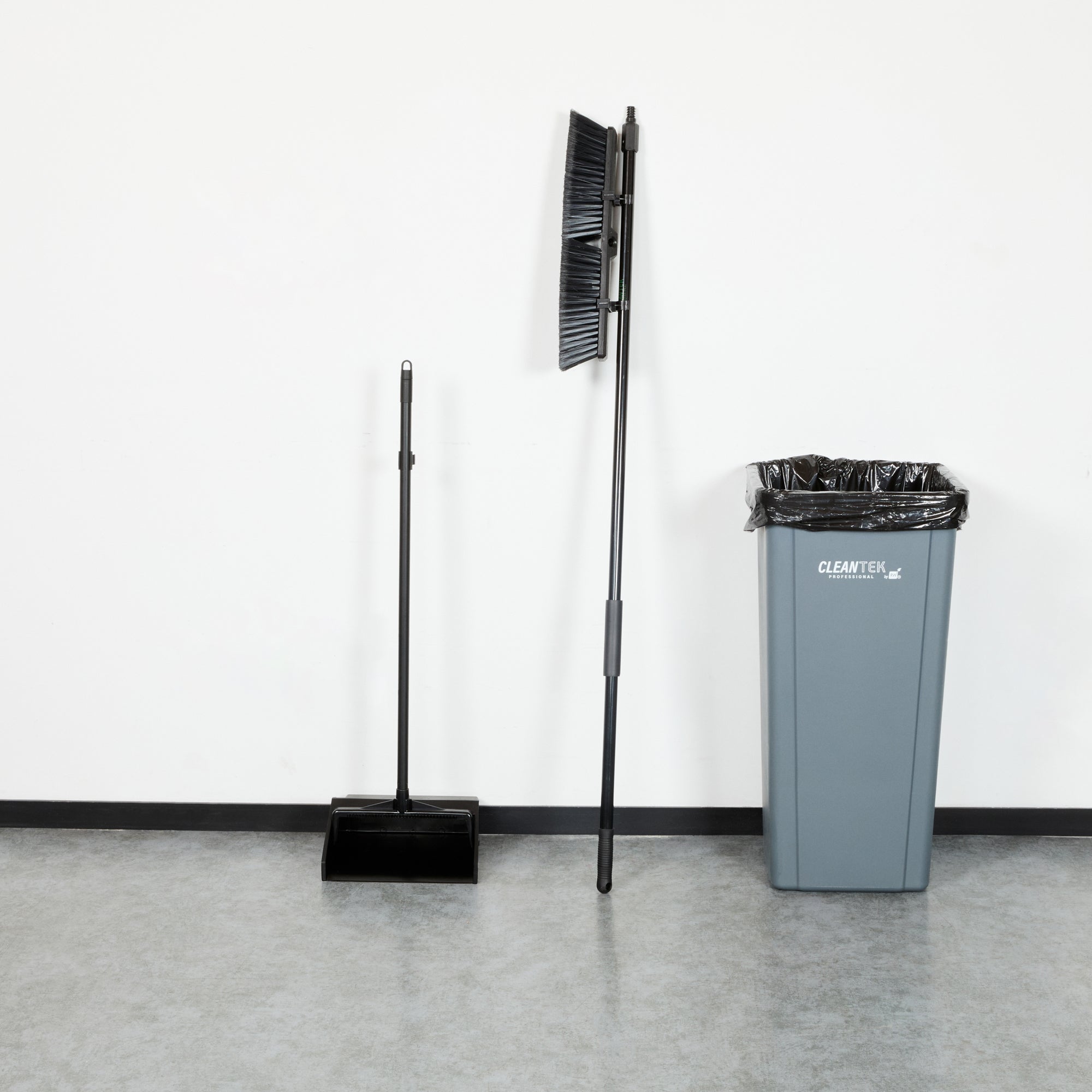 Clean Tek Professional 17 1/4" Black Plastic Push Broom - with Fine Flagged Bristles, 59" Steel Handle - 1 count box