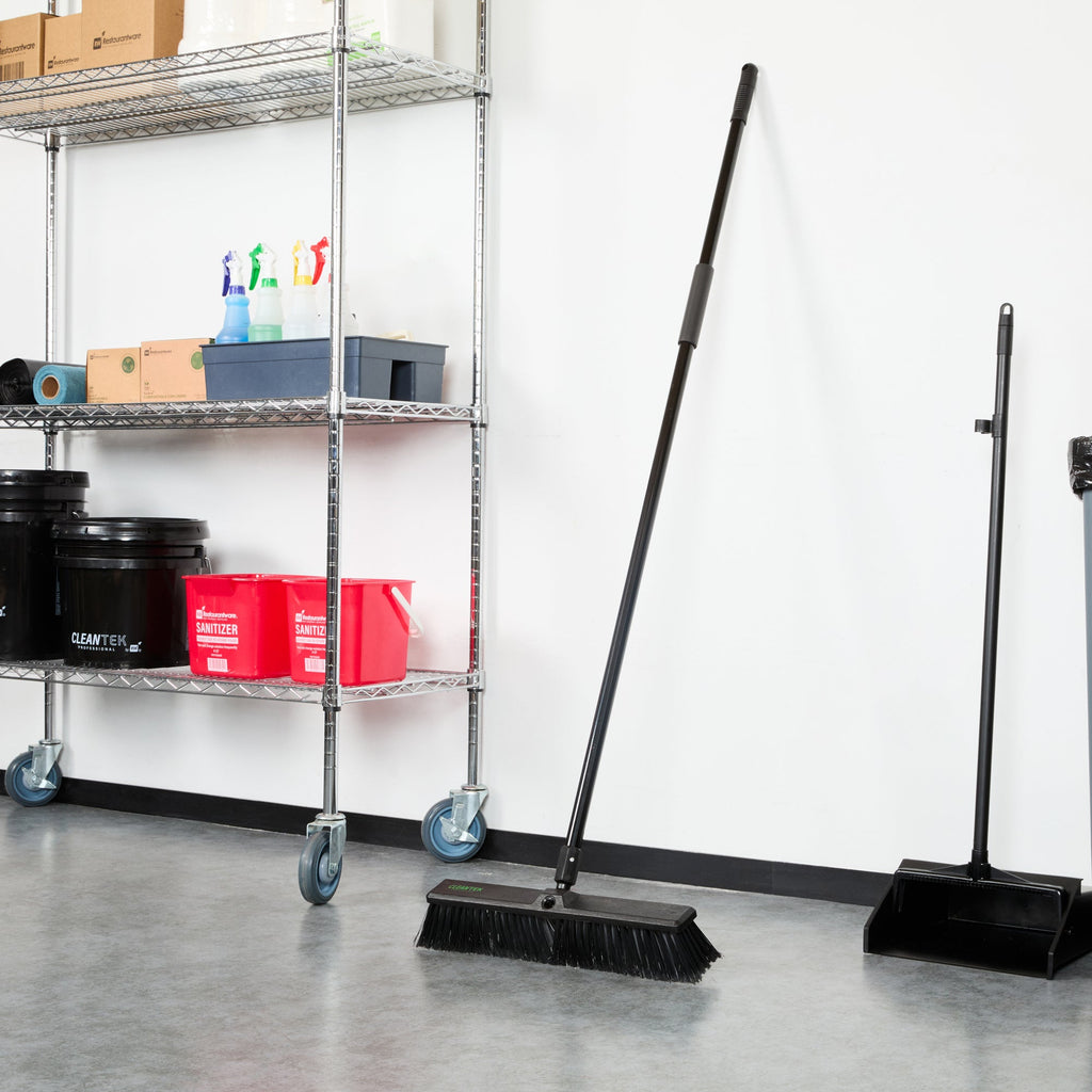 Clean Tek Professional 17 1/4" Black Plastic Push Broom - with Medium Flagged Bristles, 59" Steel Handle - 1 count box