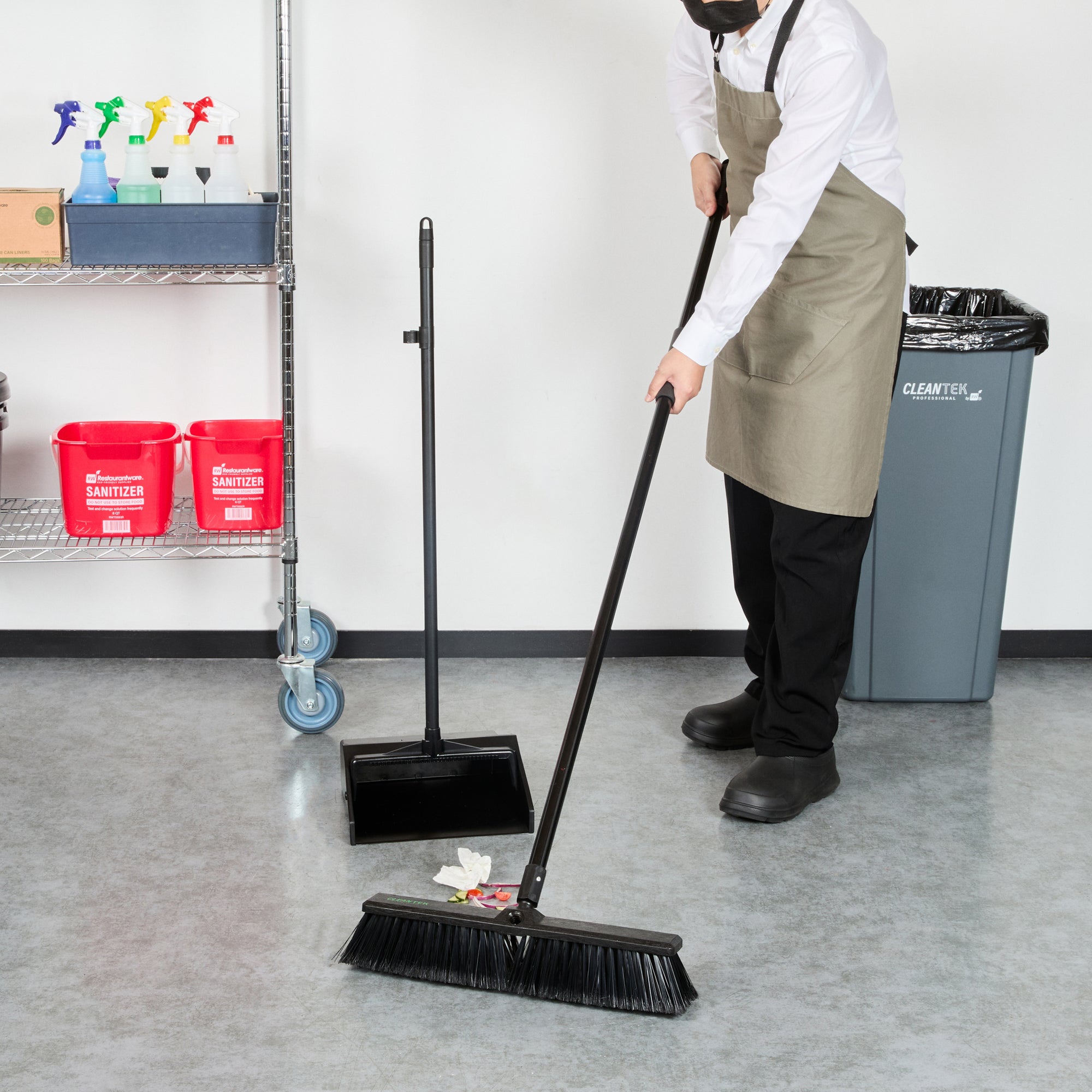 Clean Tek Professional 17 1/4" Black Plastic Push Broom - with Medium Flagged Bristles, 59" Steel Handle - 1 count box